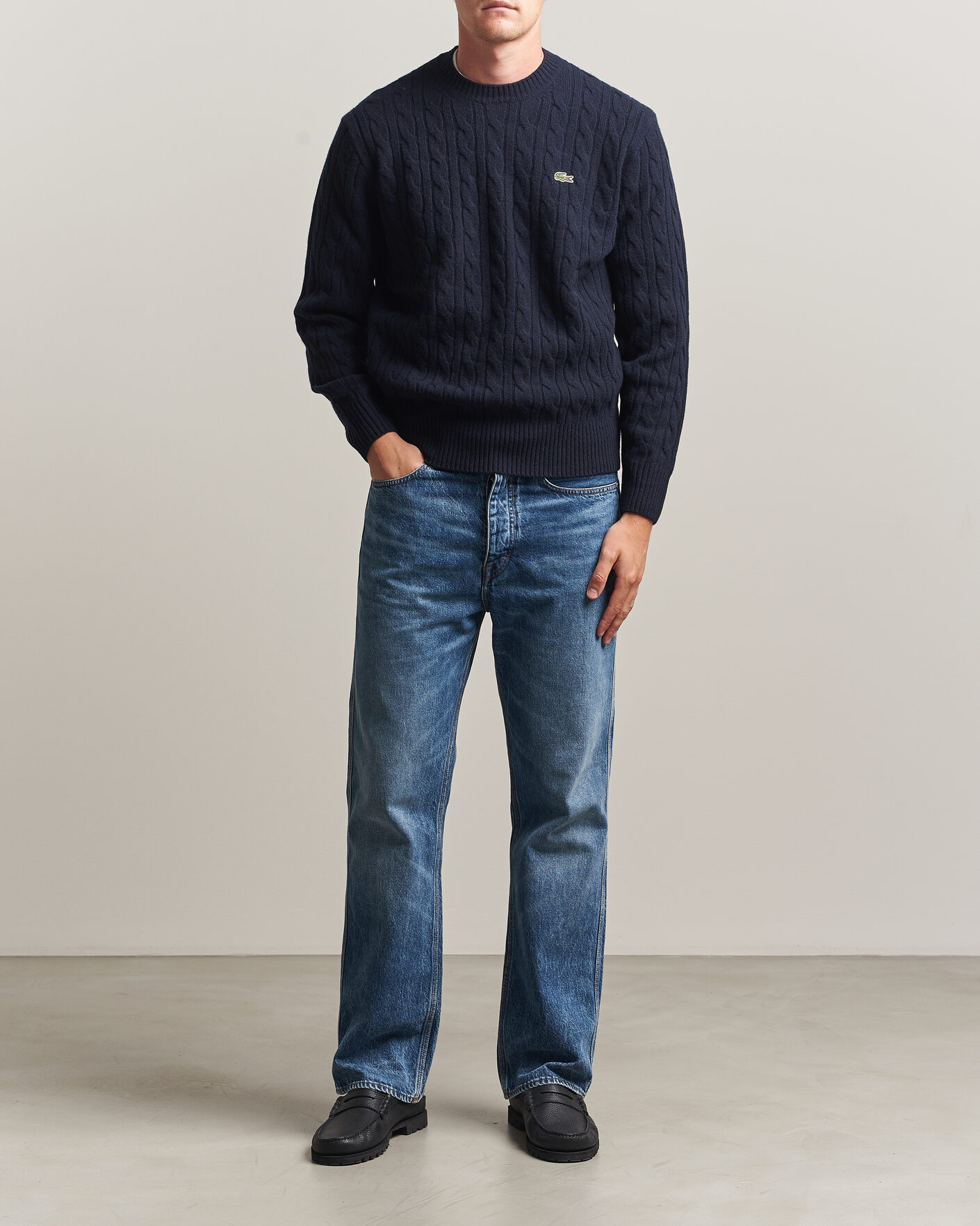 Herre | Trøjer | Lacoste | Carded Wool Cable Crew Neck Navy Blue