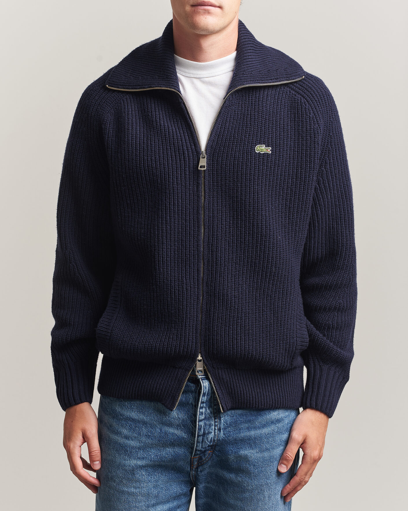 Herre | Trøjer | Lacoste | Heavy Wool Knitted Full Zip Navy Blue