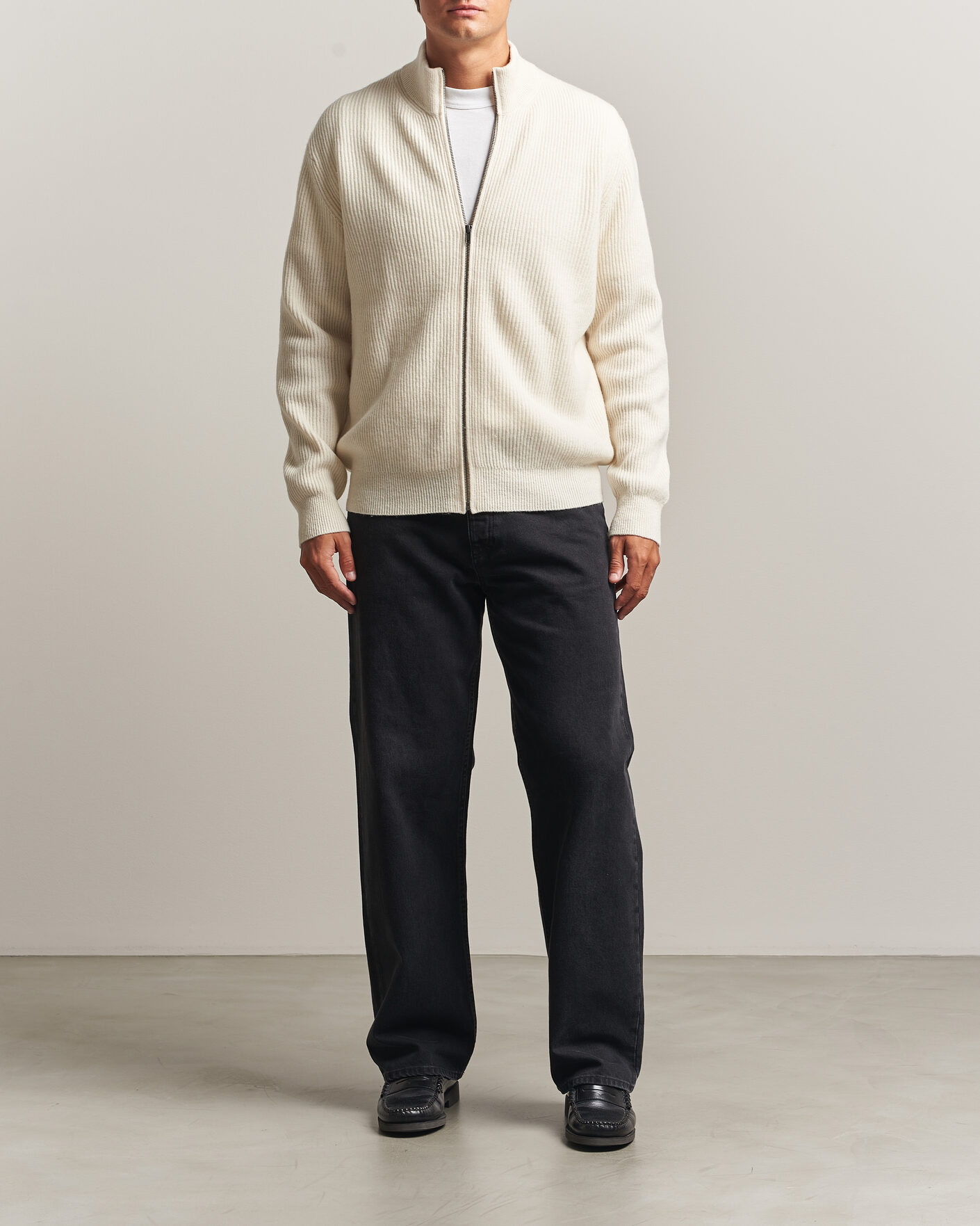 Herre | Trøjer | LES DEUX | Wool Rib Zipper Knit Ivory Melange