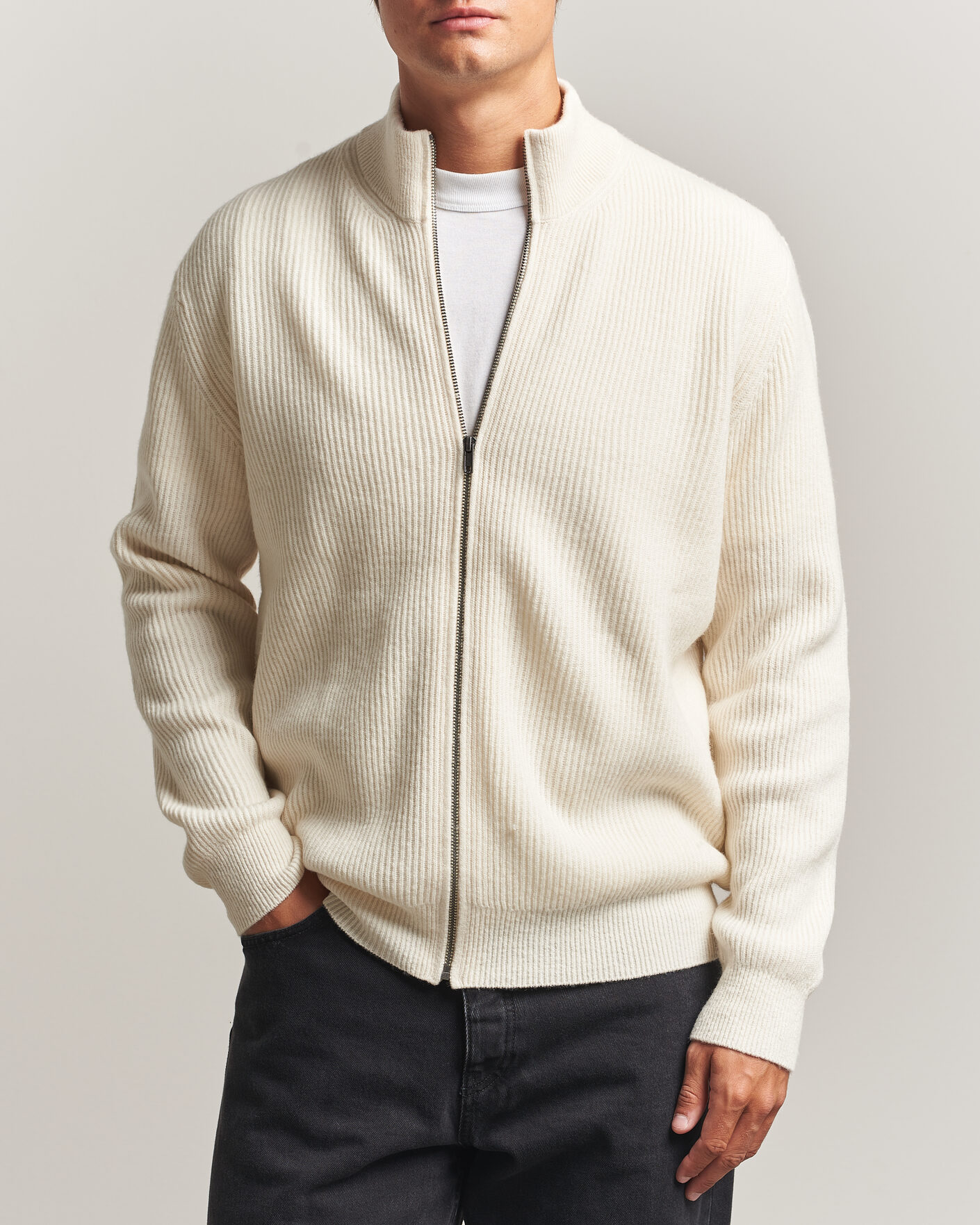 Herre | Trøjer | LES DEUX | Wool Rib Zipper Knit Ivory Melange