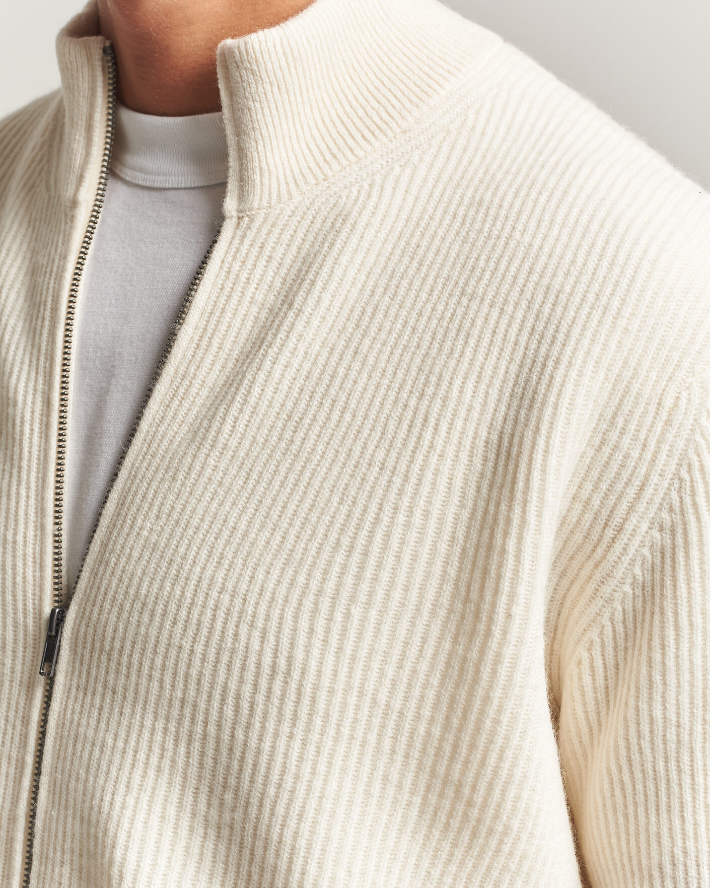 Herre | Trøjer | LES DEUX | Wool Rib Zipper Knit Ivory Melange