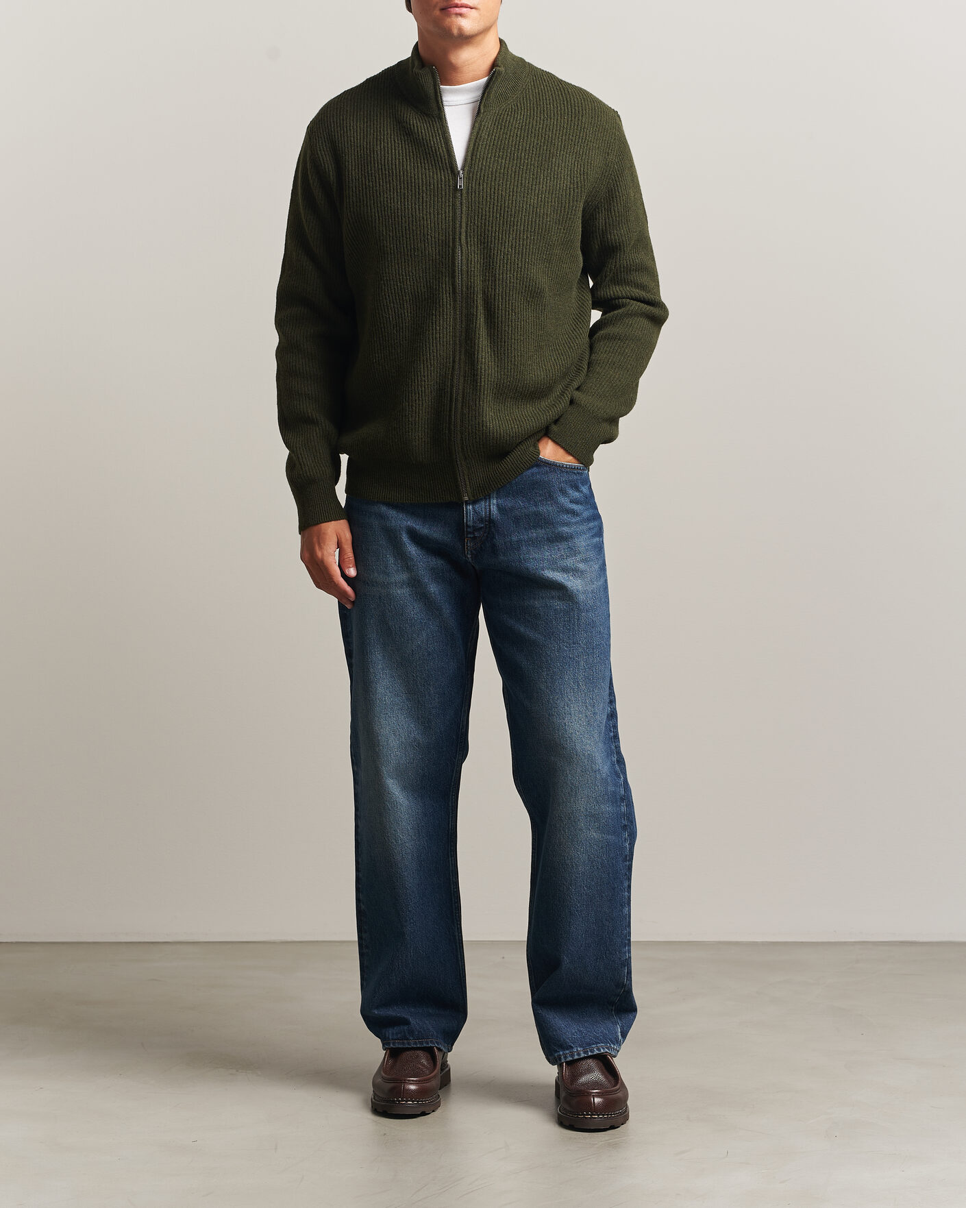 Herre | Trøjer | LES DEUX | Wool Rib Knitter Zip Rosin Green
