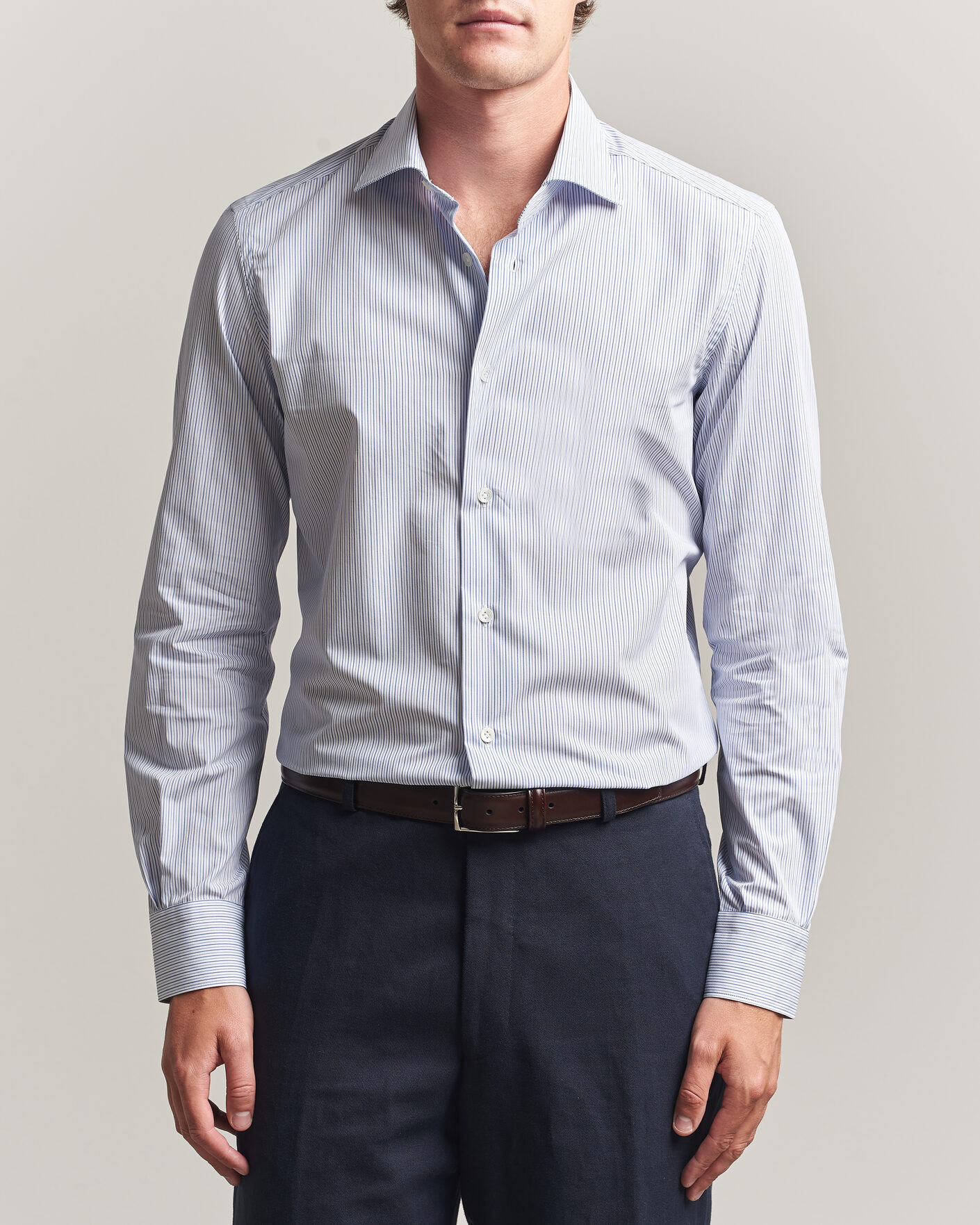 Herre | Skjorter | Mazzarelli | Soft Cotton Popeline Shirt Blue Stripe