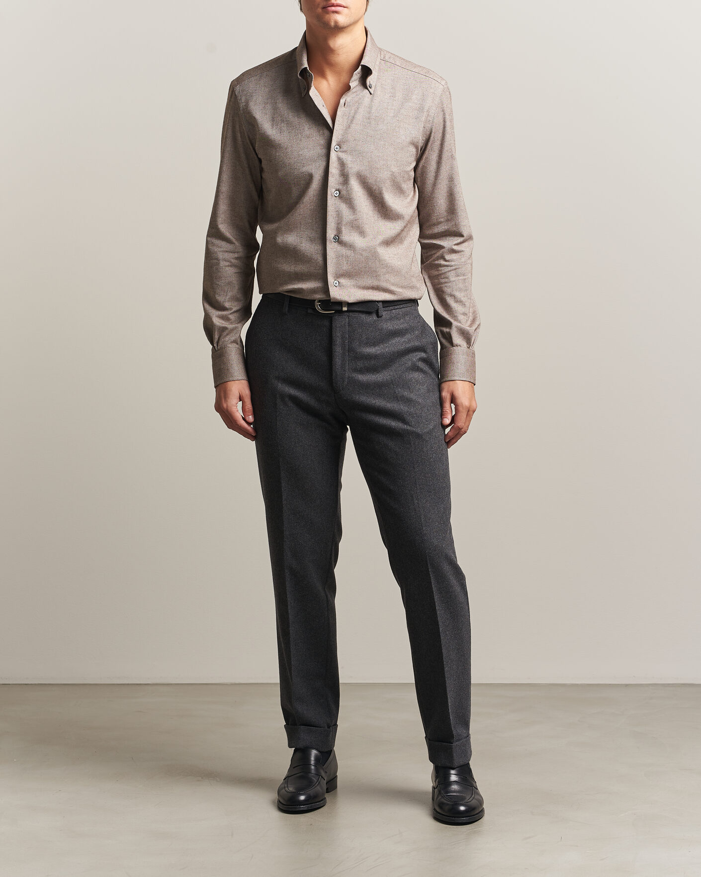 Herre | Skjorter | Mazzarelli | Soft Flannel Button Down Shirt Taupe