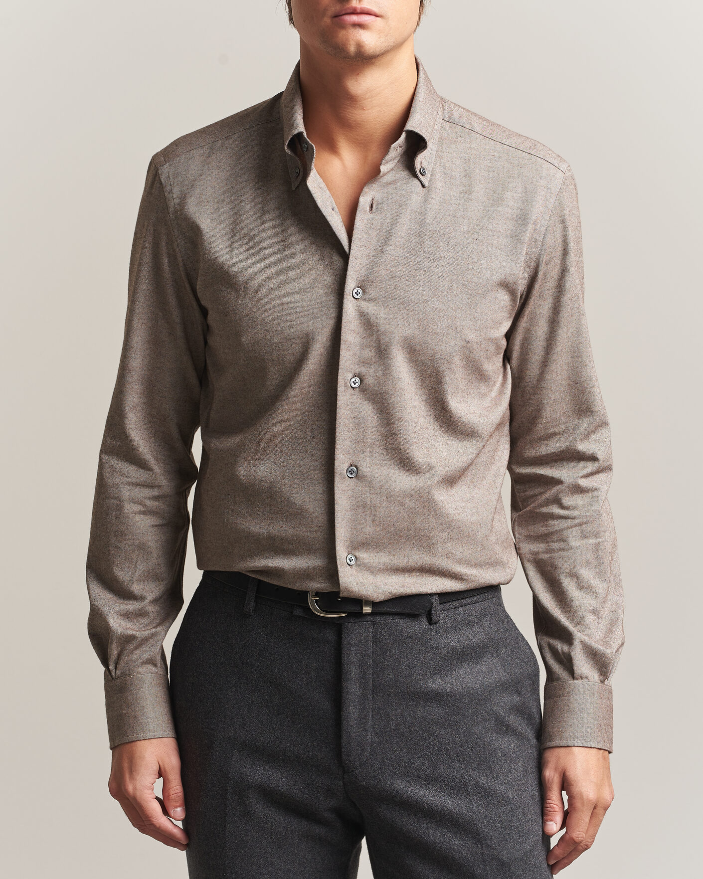 Herre | Skjorter | Mazzarelli | Soft Flannel Button Down Shirt Taupe