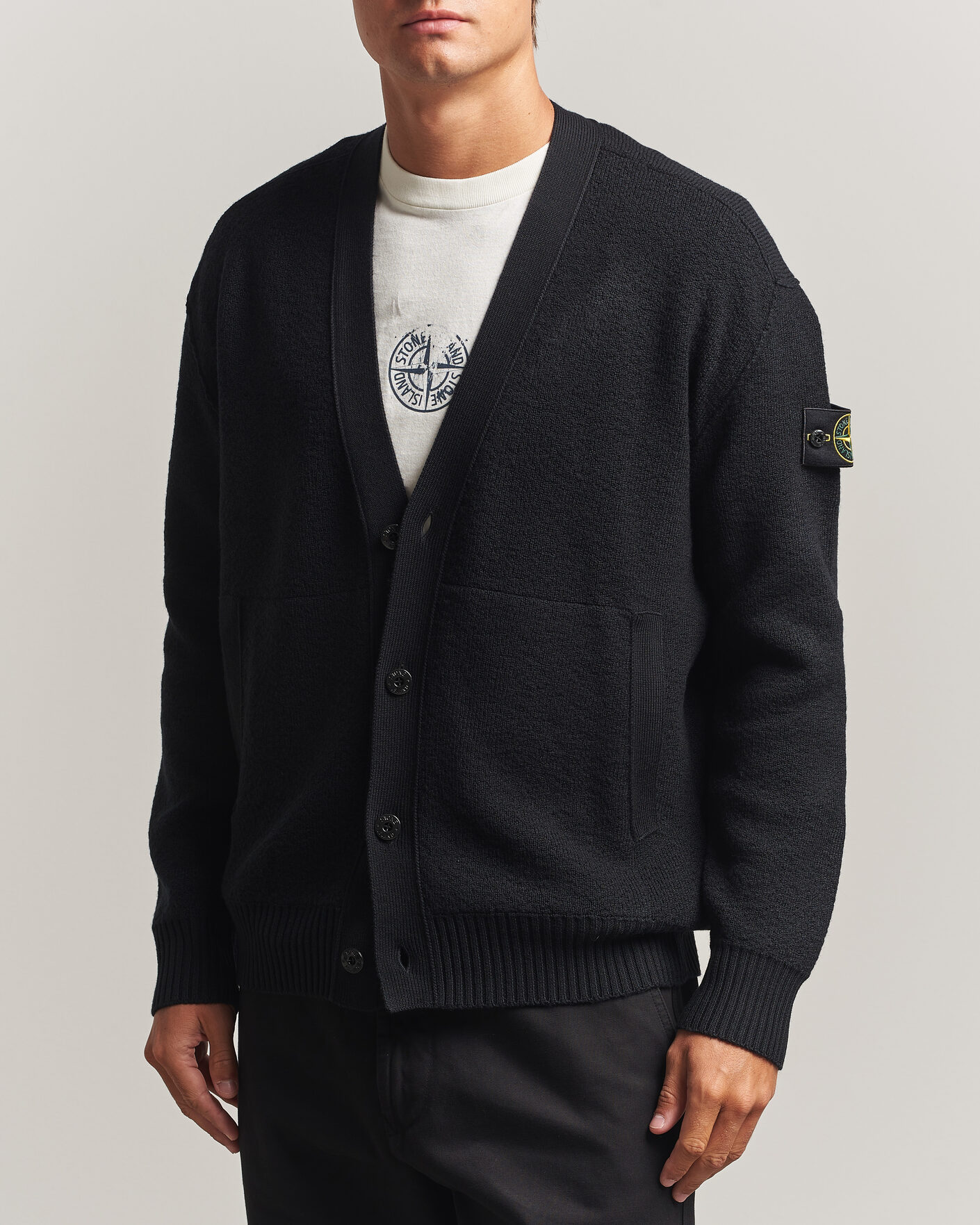 Herre | Trøjer | Stone Island | Textured Stitch Wool Cardigan Black