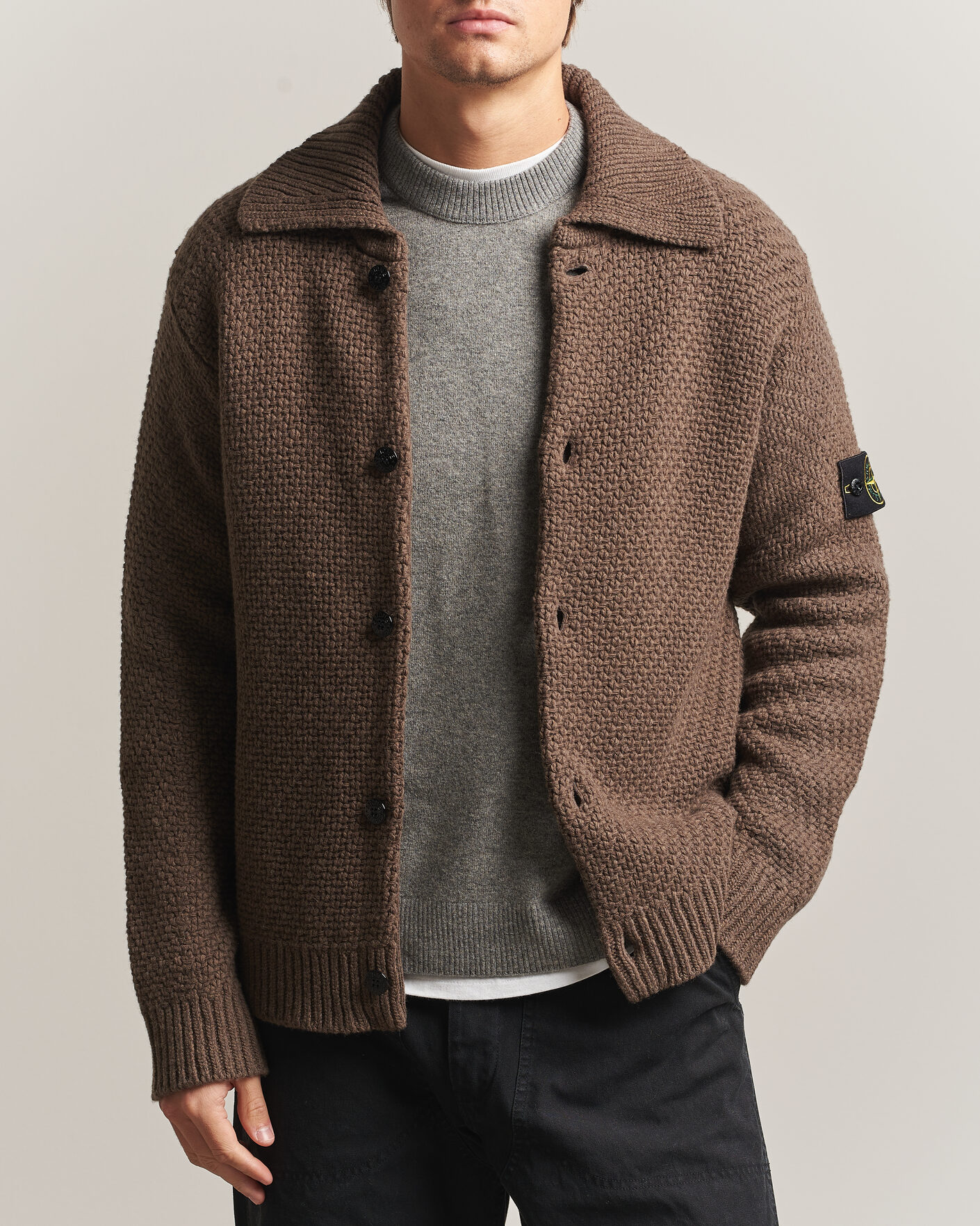 Herre | Trøjer | Stone Island | Basket Stitch Lambswool Cardigan Umber Melange