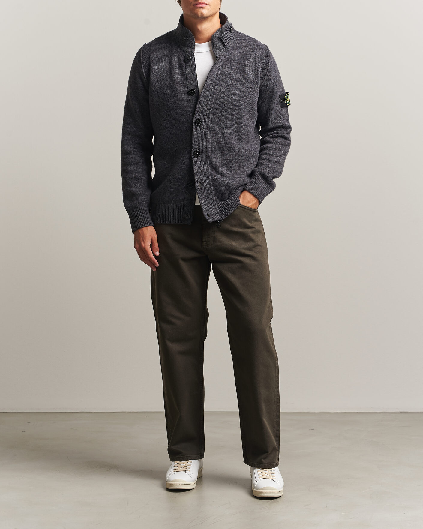 Herre | Trøjer | Stone Island | Knitted Lambswool Zip Button Cardigan Melange Lead