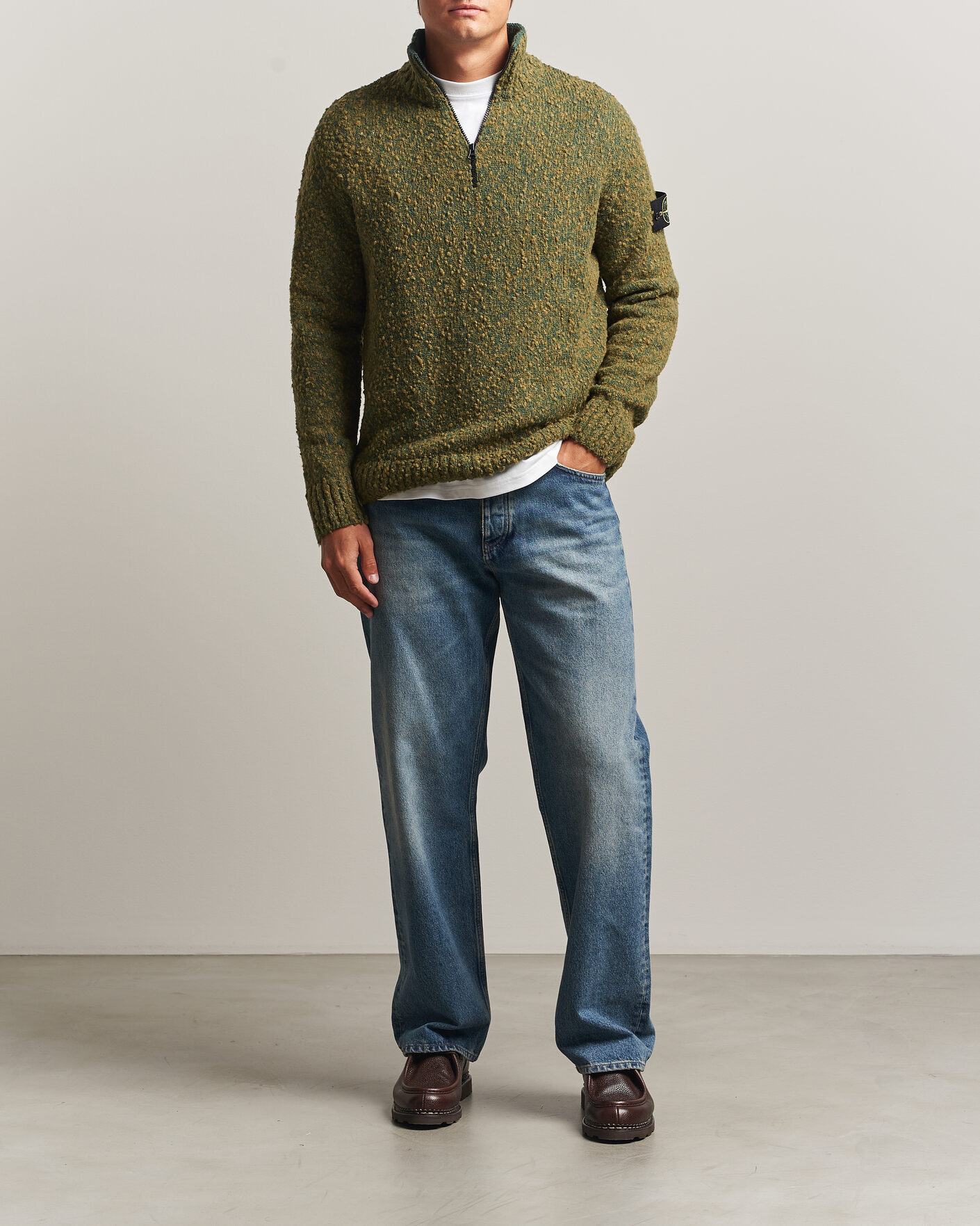 Herre | Trøjer | Stone Island | Speckled Wool/Nylon Half Zip Dark Green Melange
