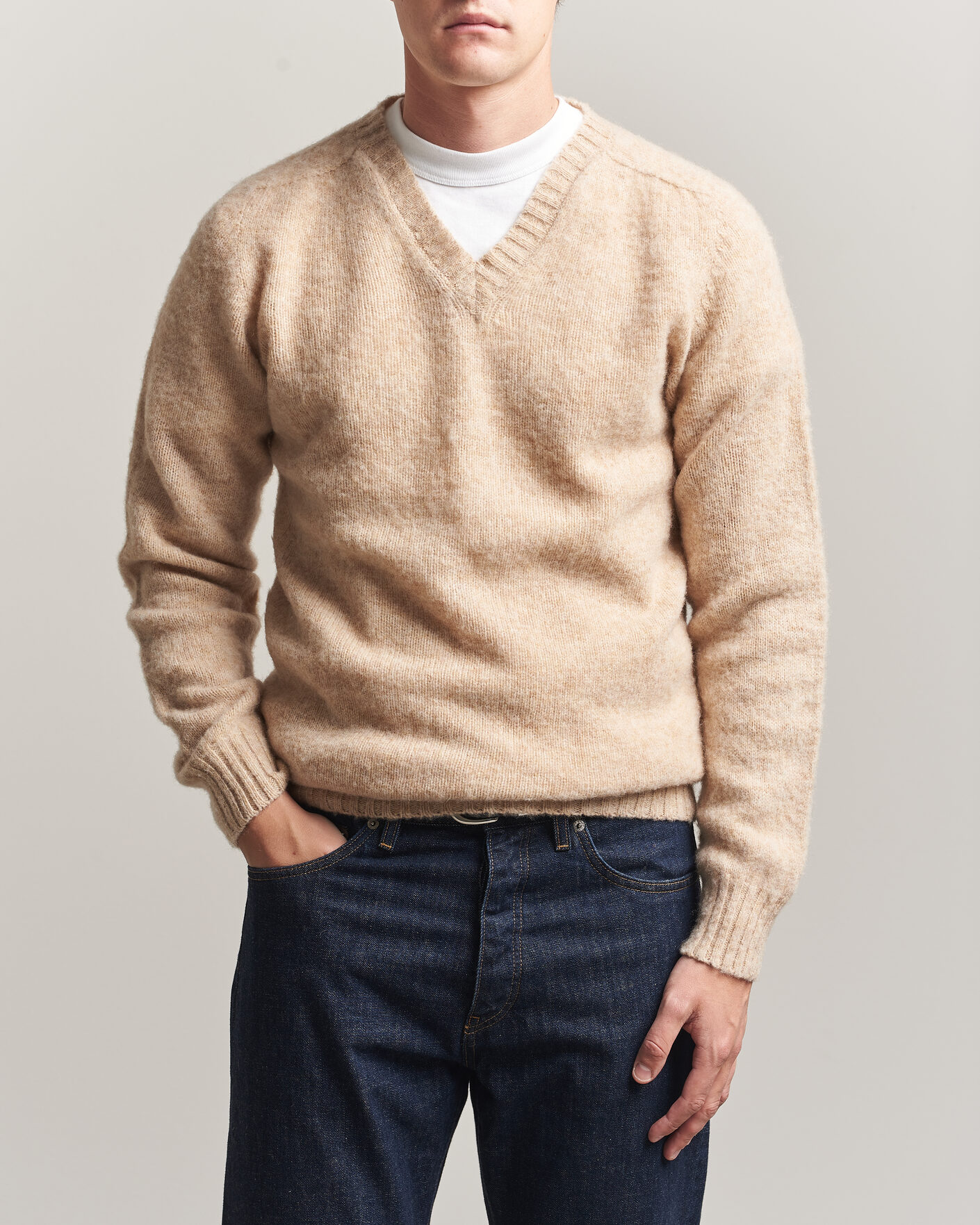 Herre | Trøjer | Harley Of Scotland for Care of Carl | Brushed Supersoft Lambswool V-Neck Beige