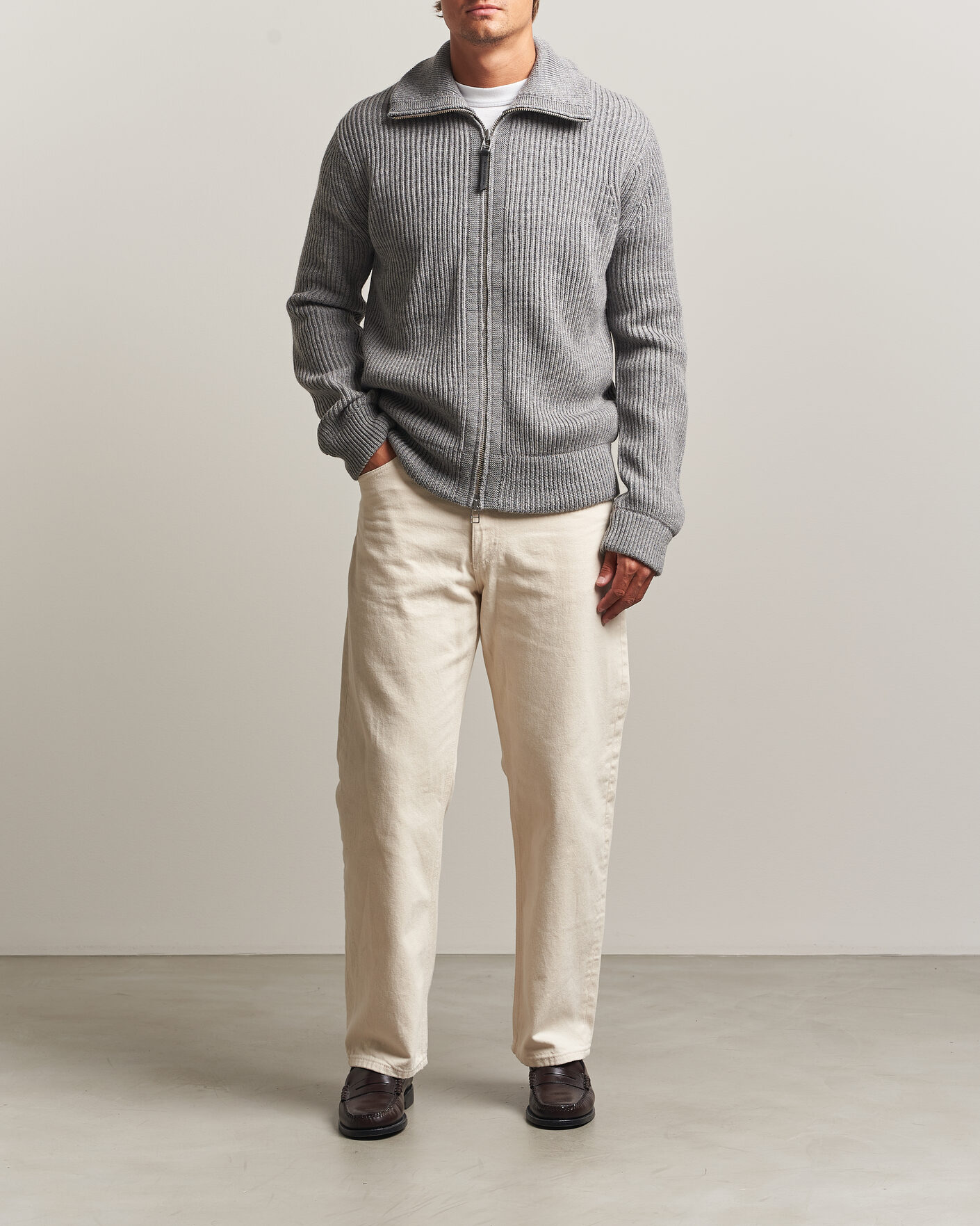 Herre | Trøjer | Tiger of Sweden | Niall Wool Heavy Knitted Full Zip Grey Melange
