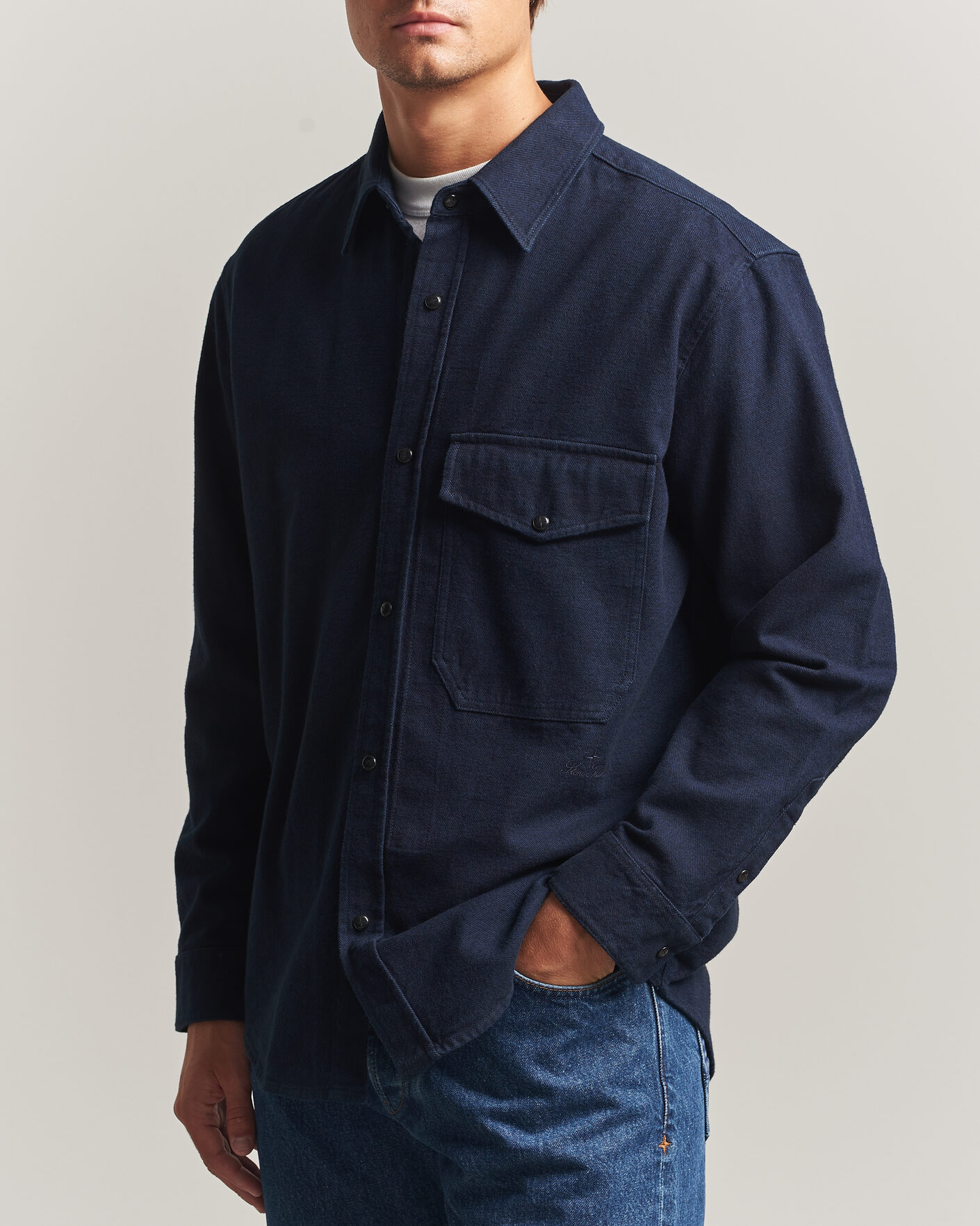 Herre | Skjorter | Stone Island | Organic Cotton Flannel Denim Shirt Indigo