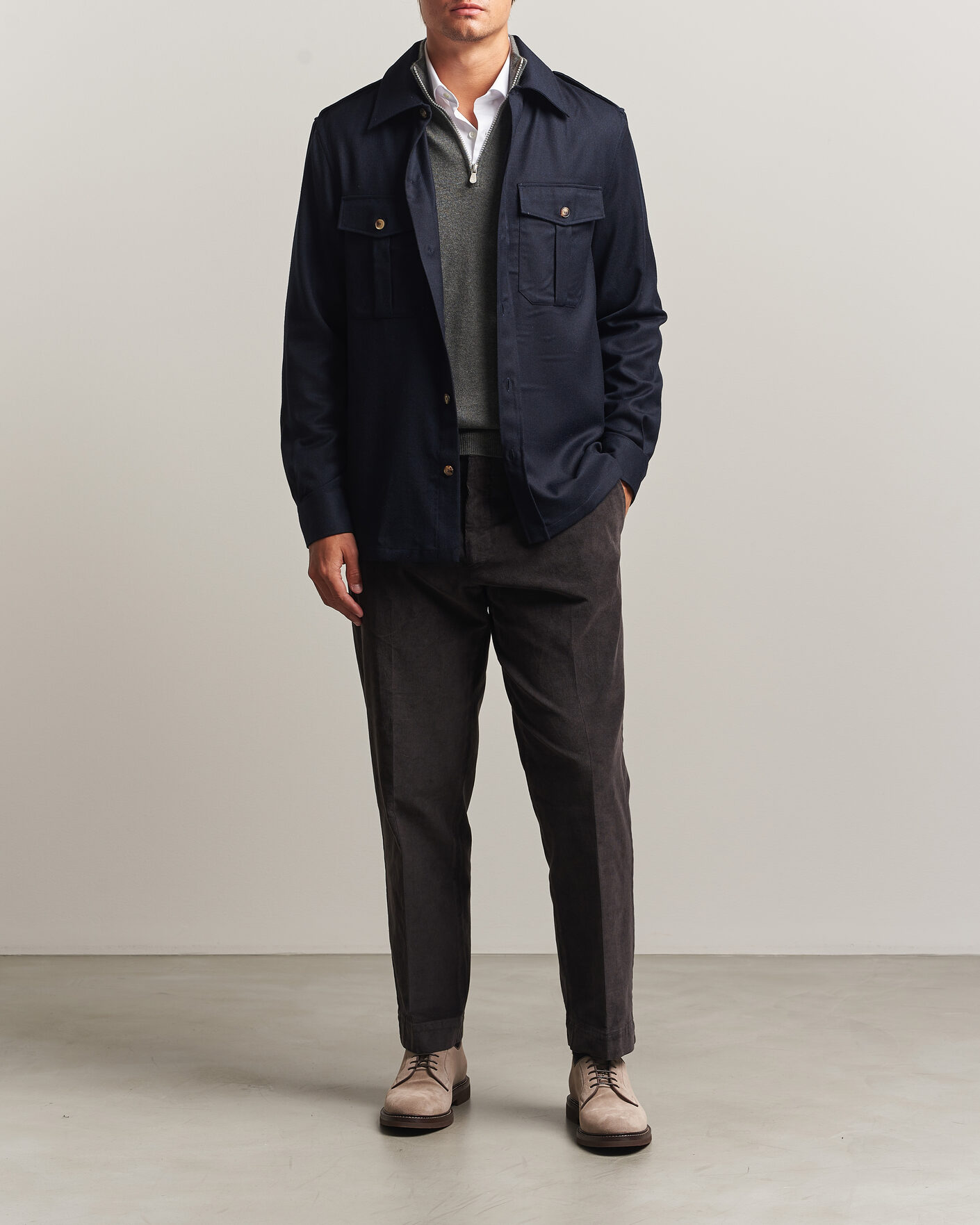 Herre | Skjorter | Brunello Cucinelli | Flannel Double Pocket Overshirt Navy