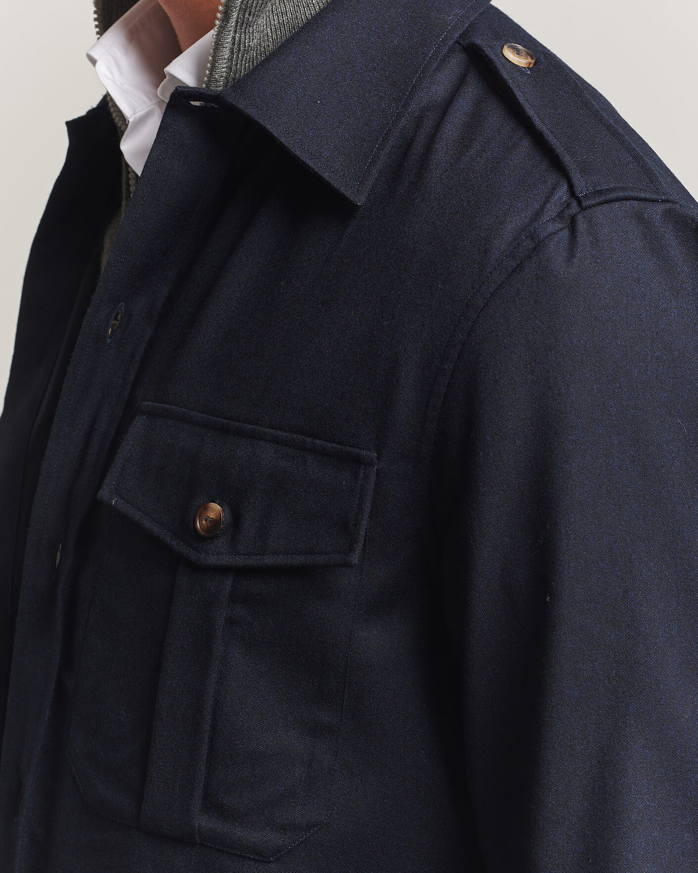 Herre | Skjorter | Brunello Cucinelli | Flannel Double Pocket Overshirt Navy