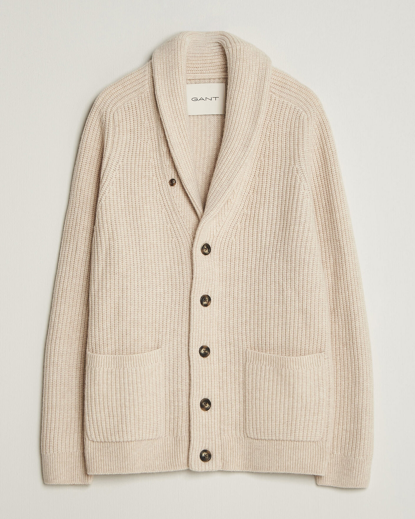 Herre | Trøjer | Gant | Wool/Cotton Ribbed Shawl Collar Cardigan Light Beige