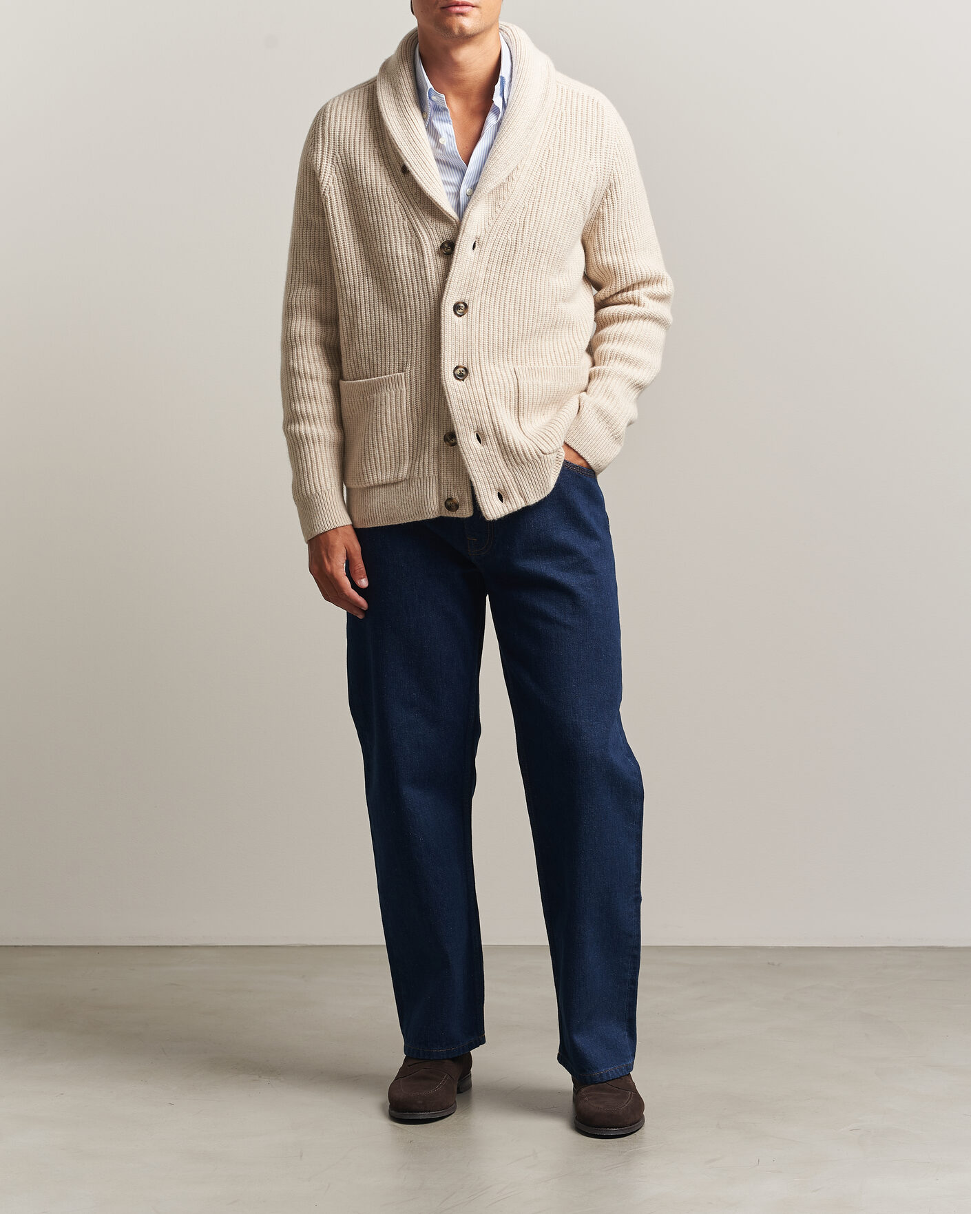 Herre | Trøjer | Gant | Wool/Cotton Ribbed Shawl Collar Cardigan Light Beige