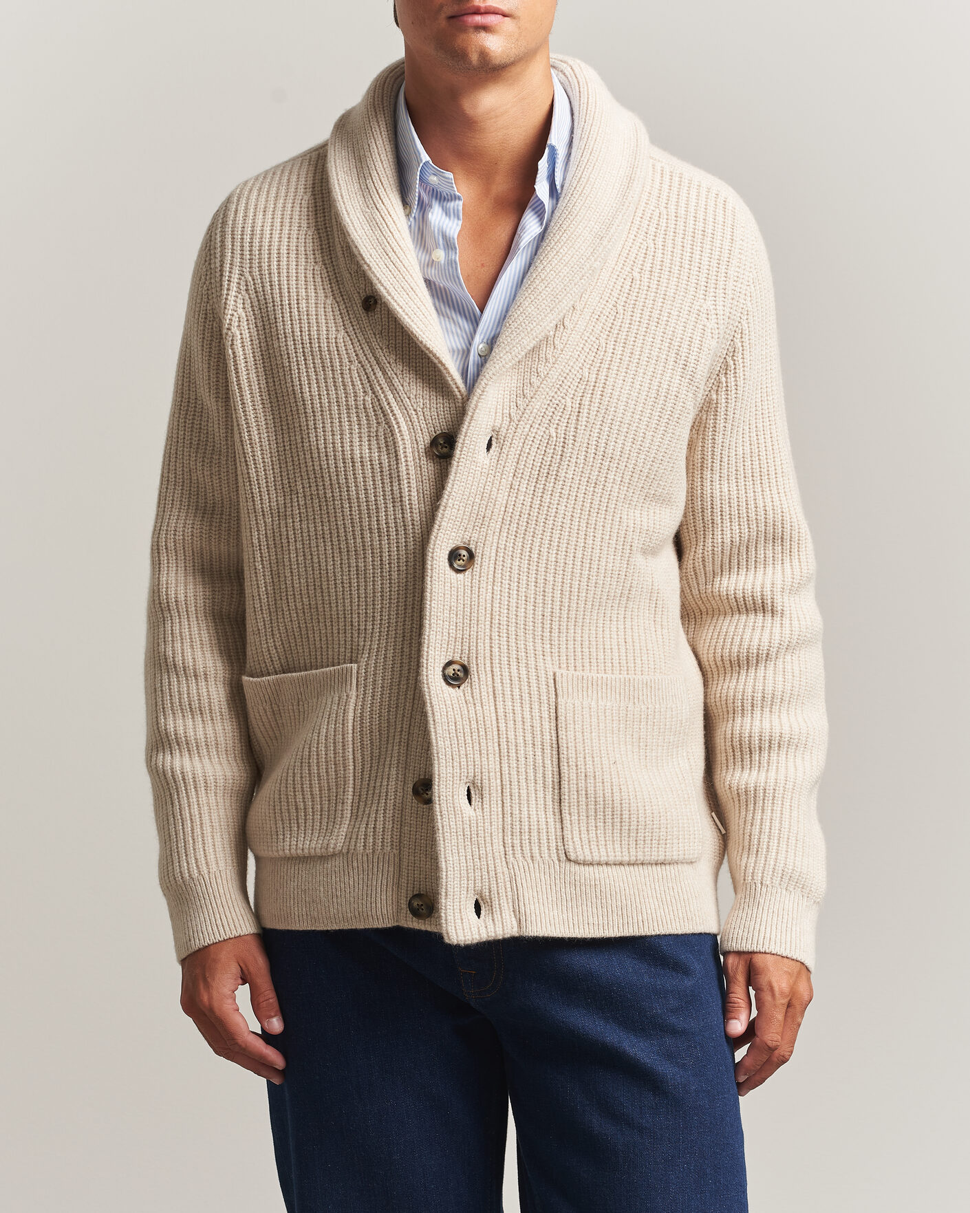 Herre | Trøjer | Gant | Wool/Cotton Ribbed Shawl Collar Cardigan Light Beige