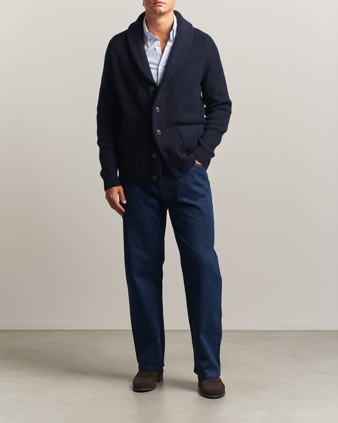 Herre | Trøjer | Gant | Wool/Cotton Ribbed Shawl Collar Cardigan Evening Blue