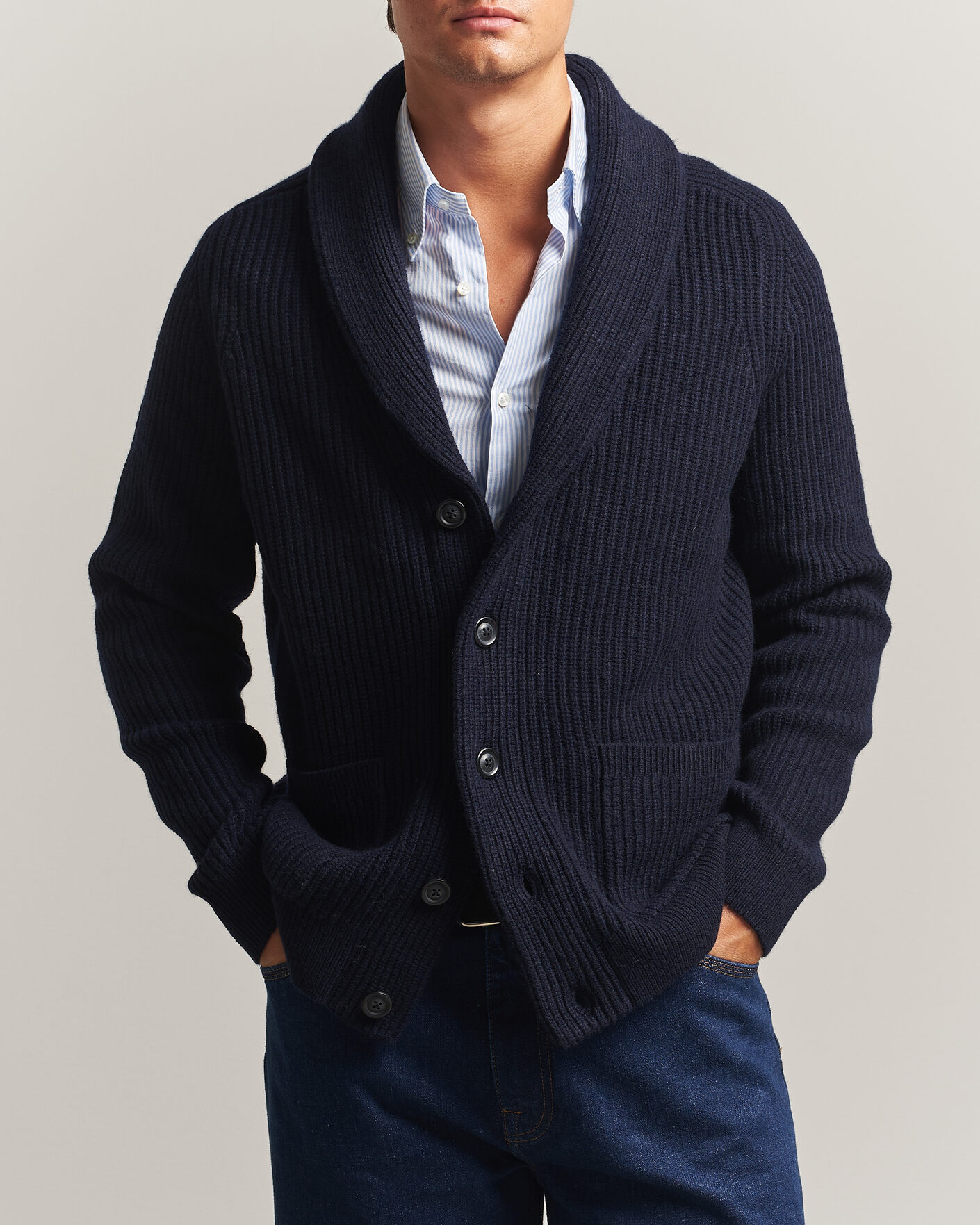 Herre | Trøjer | Gant | Wool/Cotton Ribbed Shawl Collar Cardigan Evening Blue