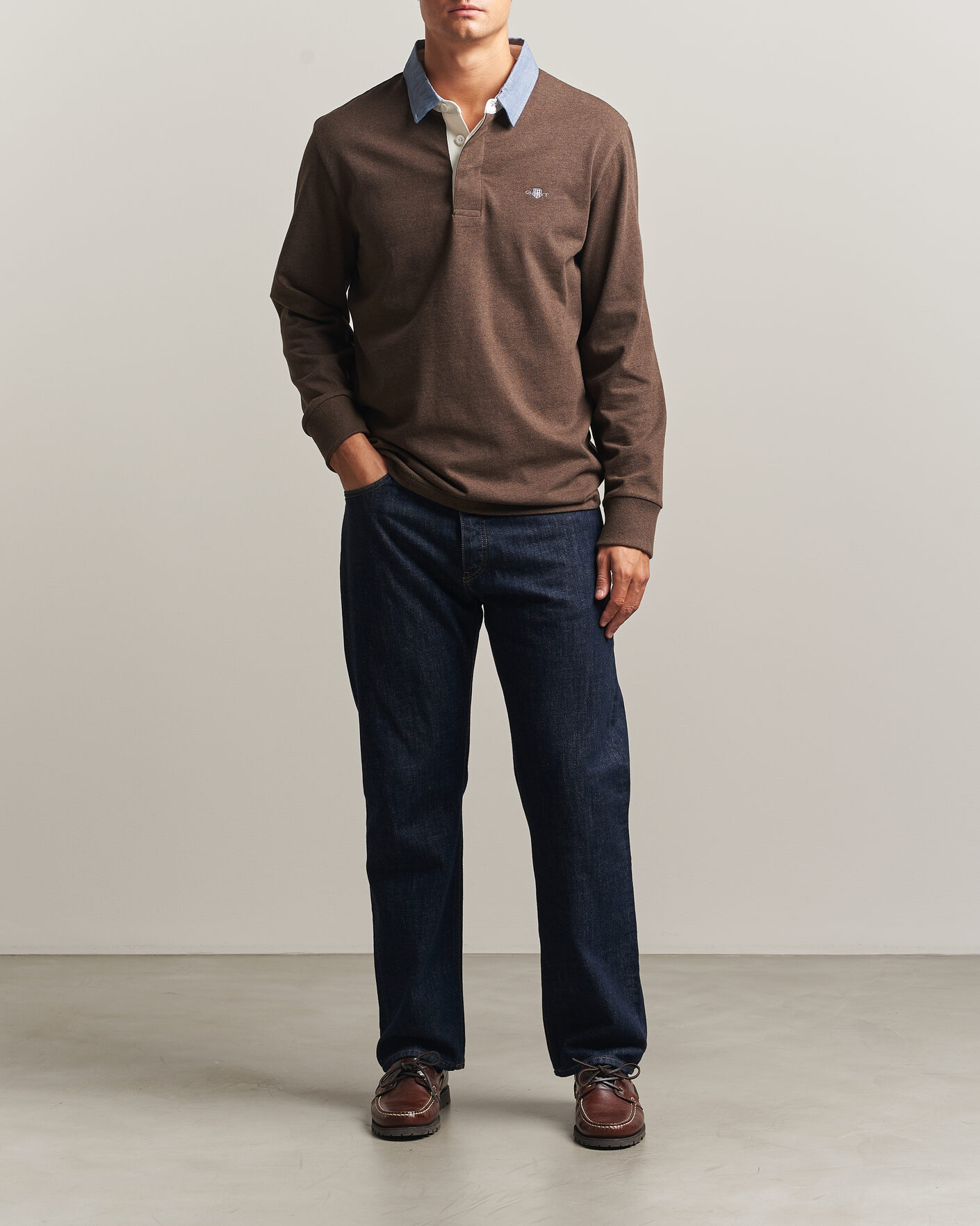Herre | Trøjer | Gant | Chambray Solid Heavy Rugger Black Brown Melange