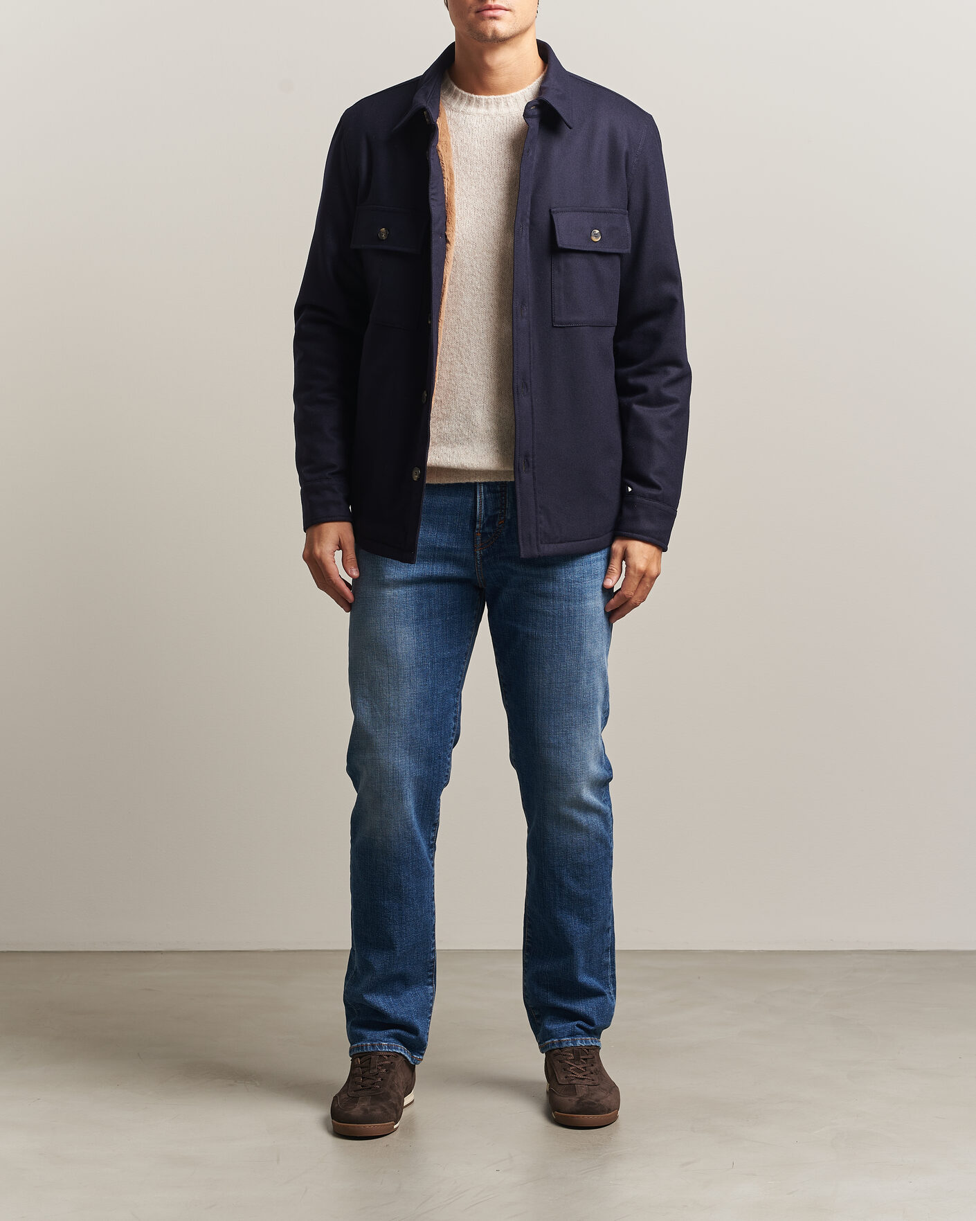 Herre | Jakker | Jacob Cohën | Wool Flannel Eco Fur Lined Shirt Jacket Navy