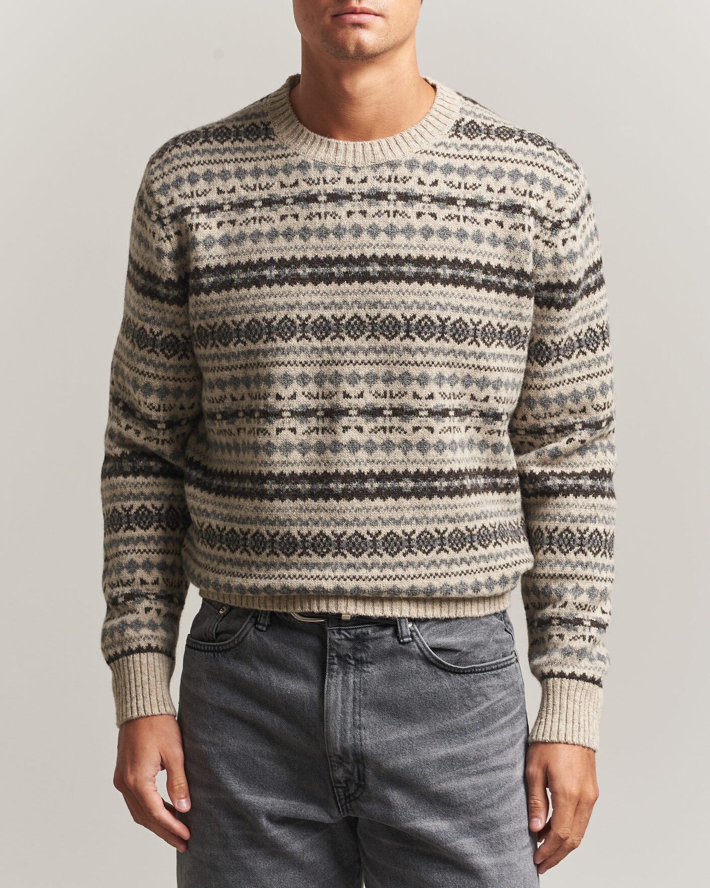 Herre | Trøjer | Gant | Brushed Wool Fair Isle Sweater Light Beige Melange