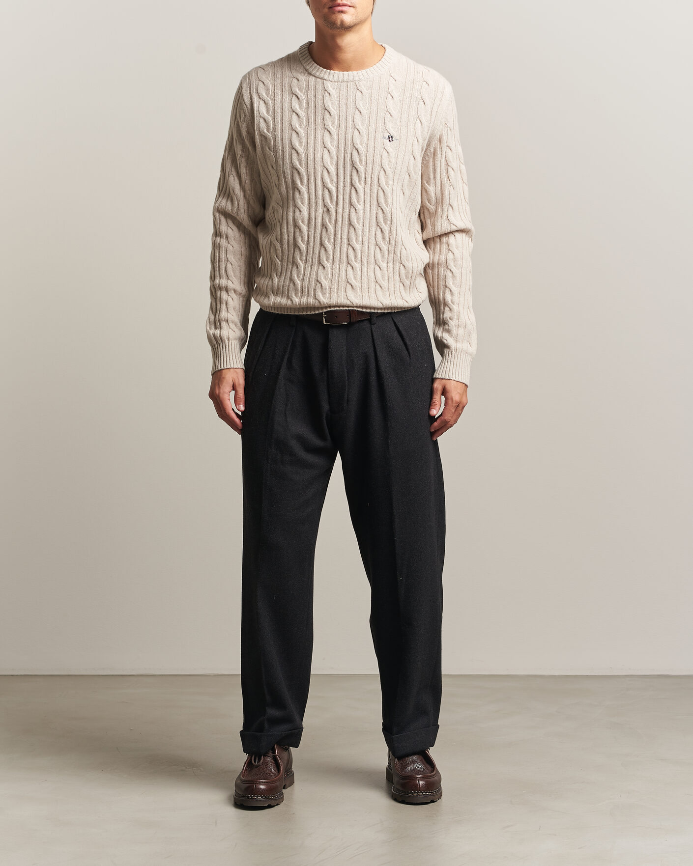 Herre | Trøjer | Gant | Lambswool Cable Crew Neck Clay Beige
