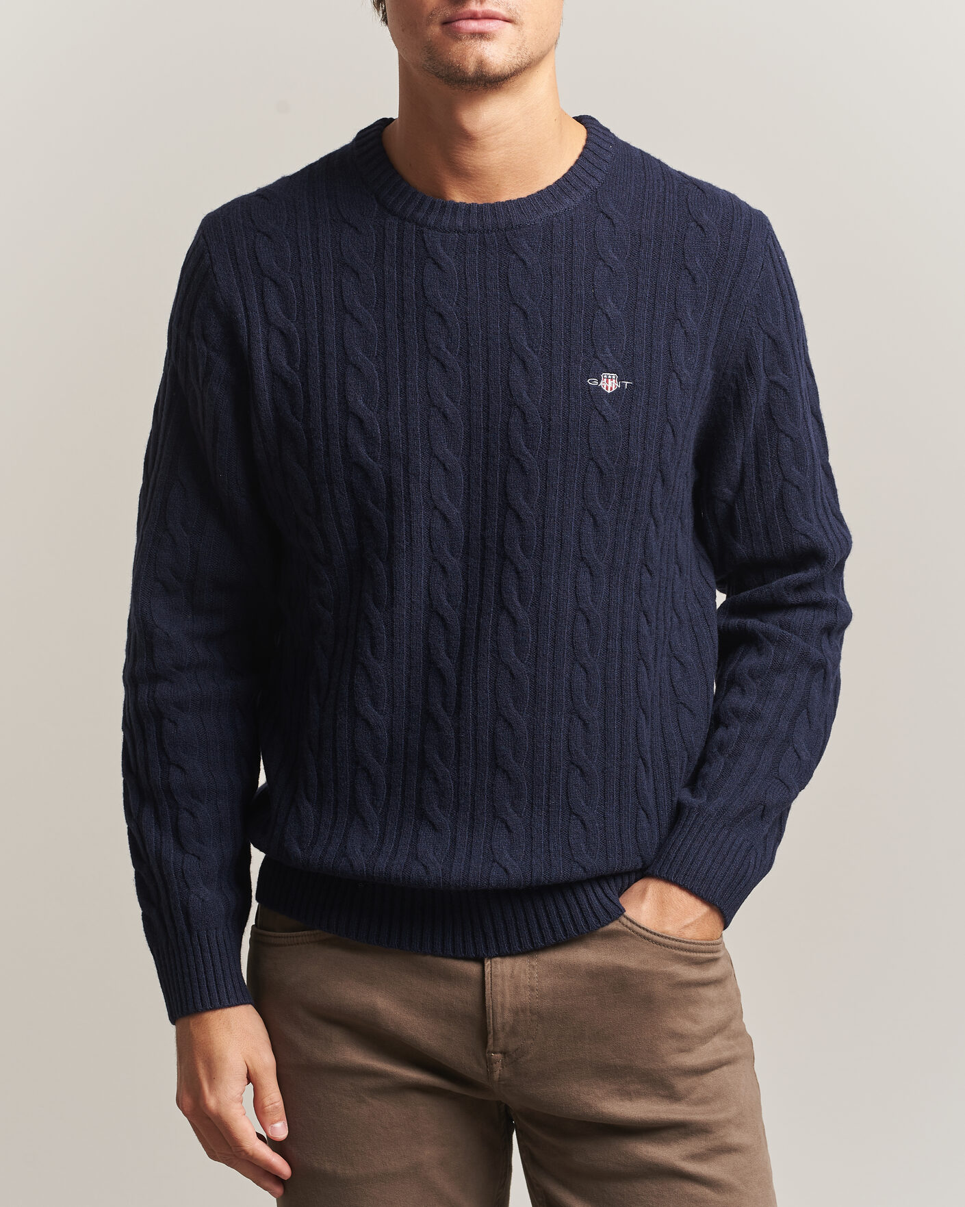 Herre | Trøjer | Gant | Lambswool Cable Crew Neck Evening Blue