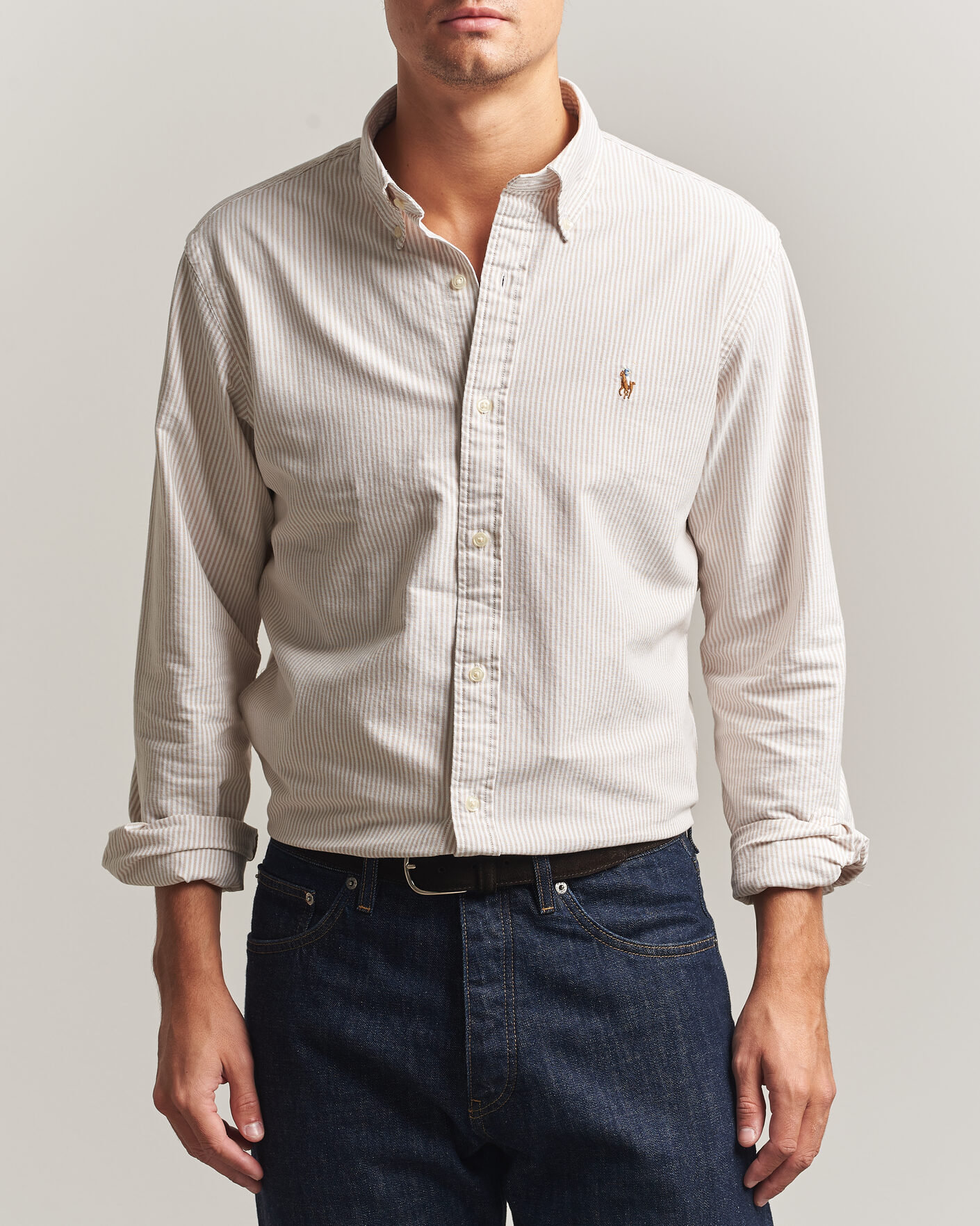 Herre | Skjorter | Polo Ralph Lauren | Custom Fit Striped Oxford Shirt Camel/White