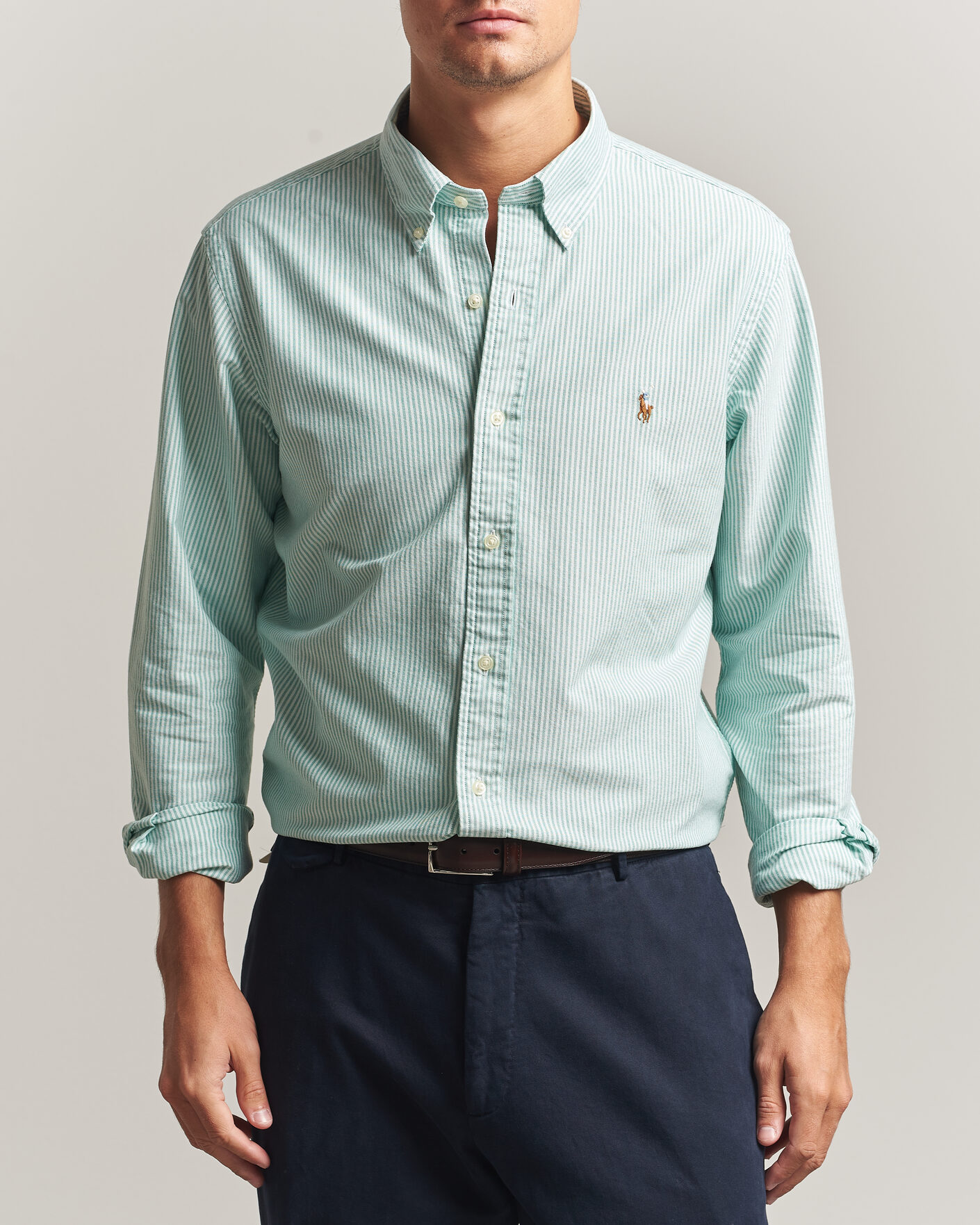 Herre | Skjorter | Polo Ralph Lauren | Custom Fit Striped Oxford Shirt Scarab Green/White