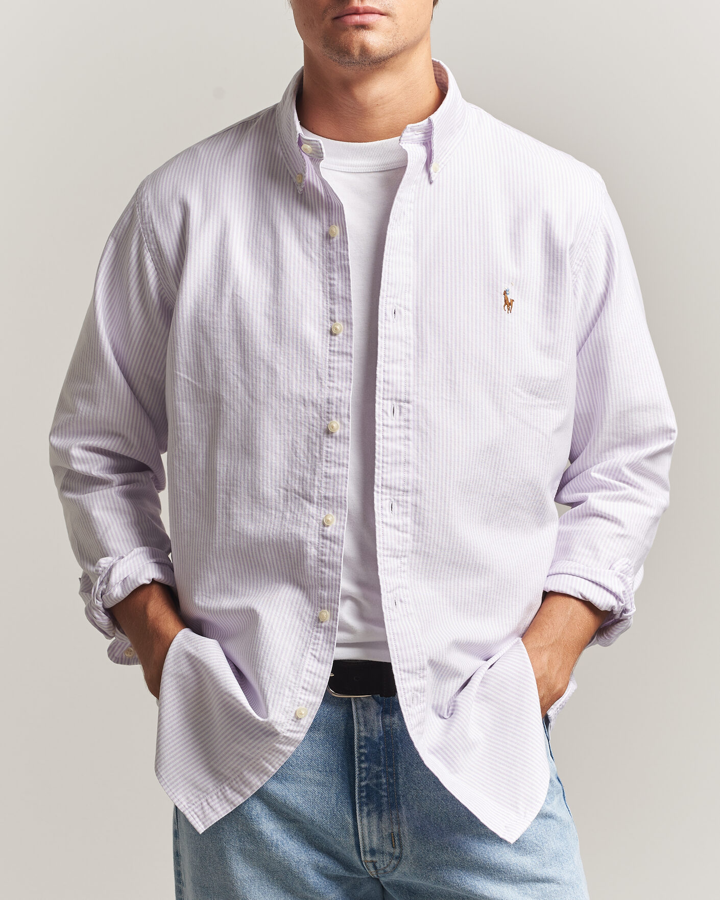 Herre | Skjorter | Polo Ralph Lauren | Custom Fit Striped Oxford Shirt Lilac/White