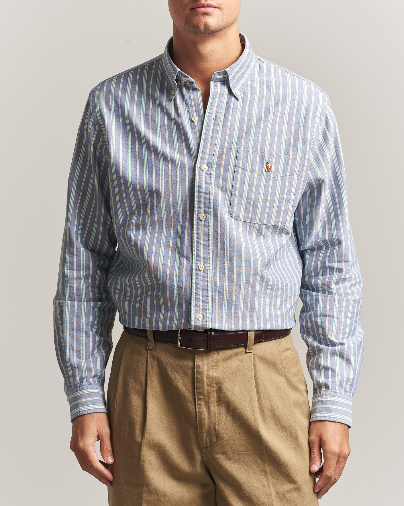 Herre | Skjorter | Polo Ralph Lauren | Custom Fit Striped Pocket Oxford Shirt Navy/Yellow