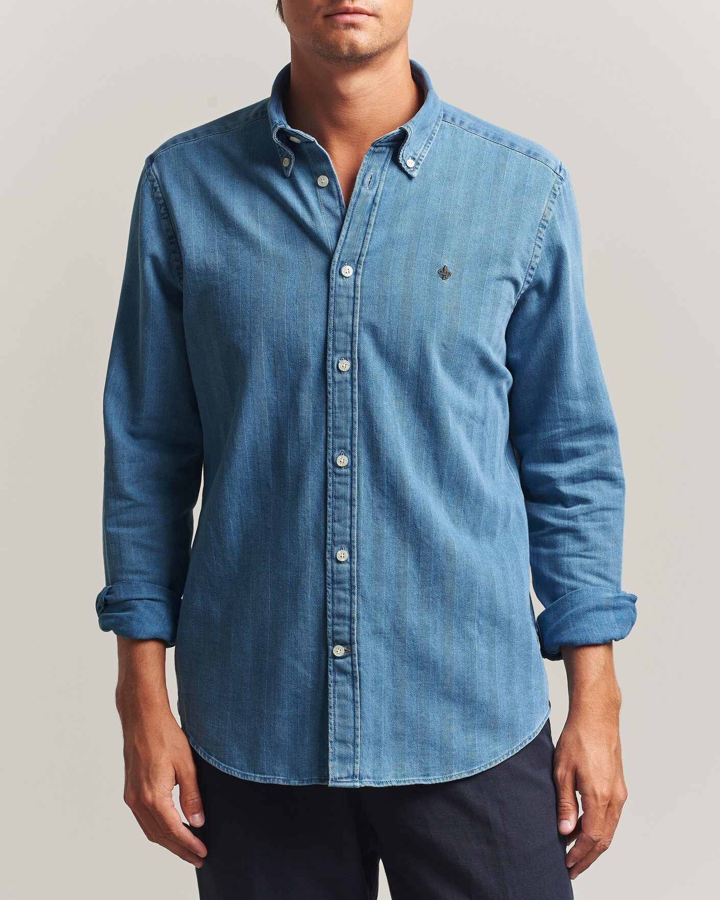 Herre | Skjorter | Morris | Indigo Herringbone Shirt Light Blue