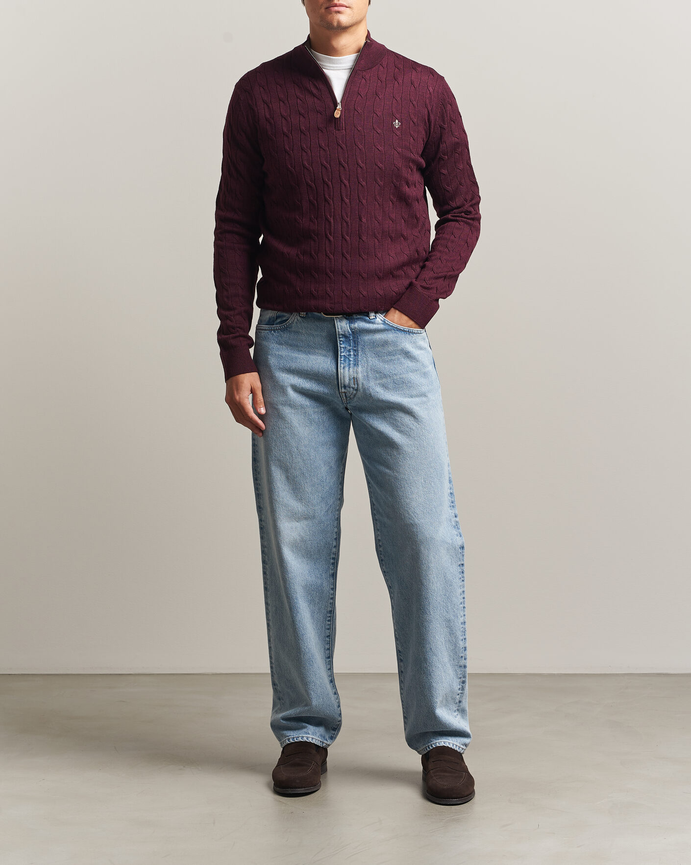 Herre | Trøjer | Morris | Merino Cable Half Zip Wine Red