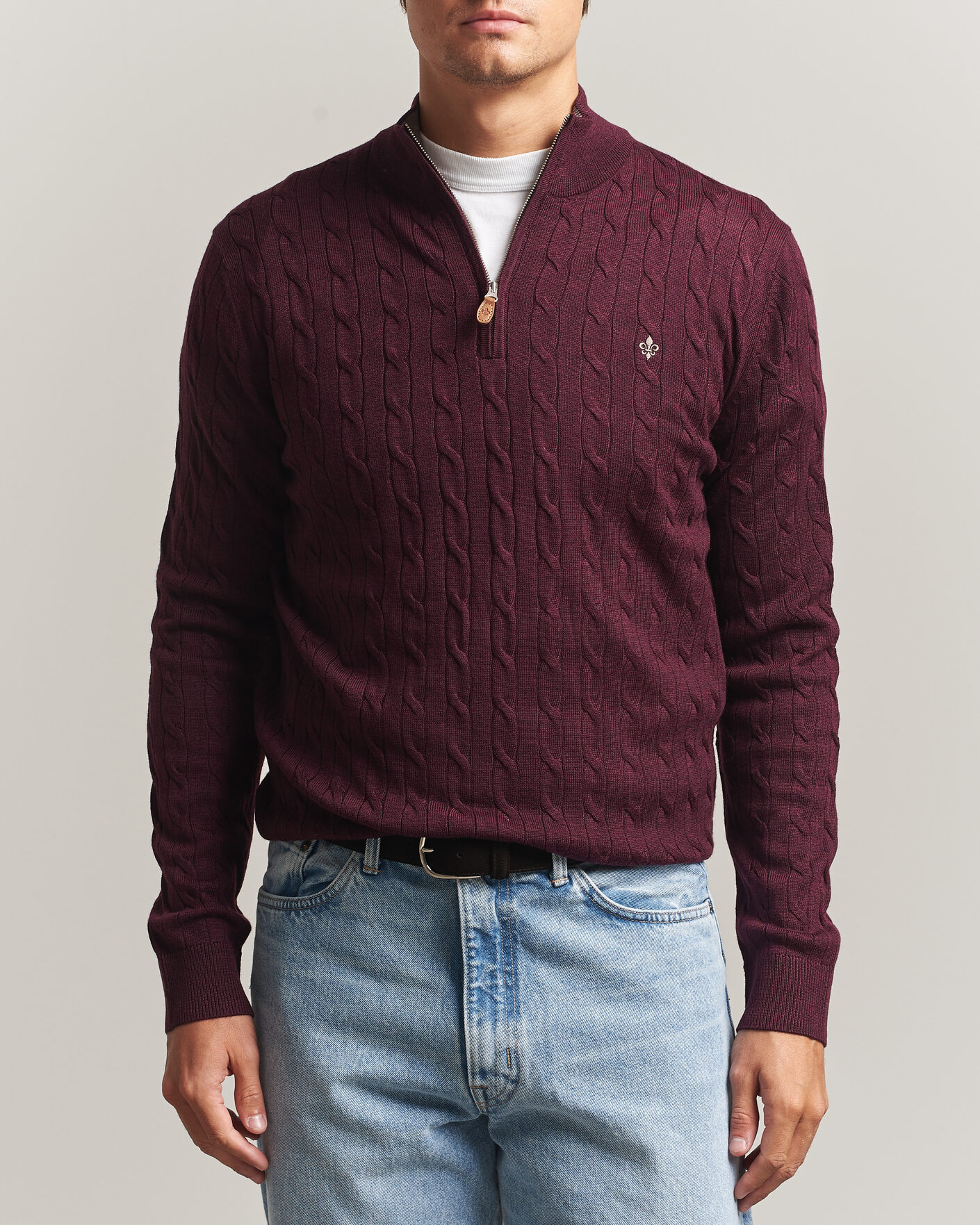 Herre | Trøjer | Morris | Merino Cable Half Zip Wine Red