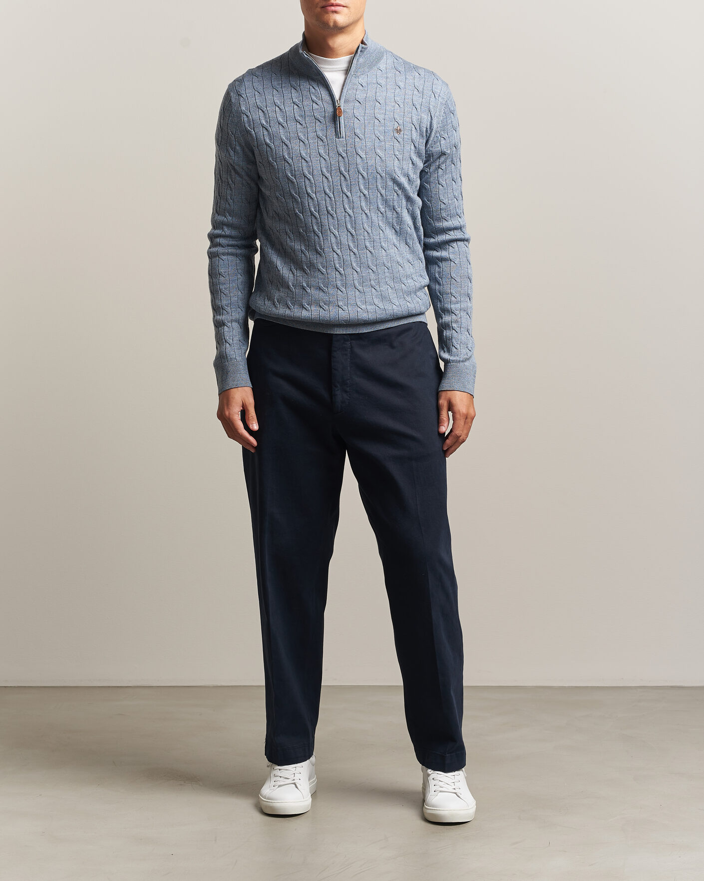Herre | Trøjer | Morris | Merino Cable Half Zip Light Blue