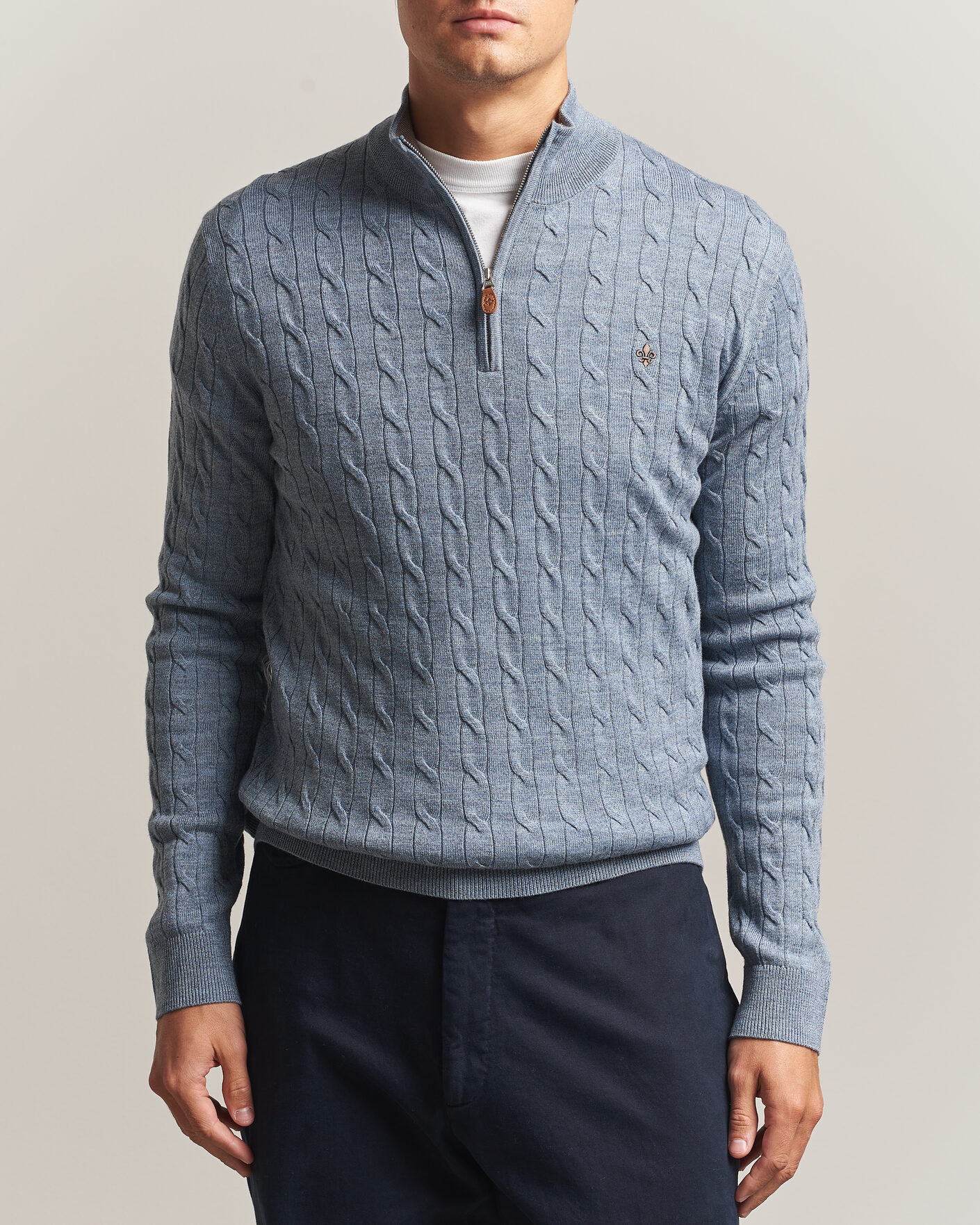 Herre | Trøjer | Morris | Merino Cable Half Zip Light Blue