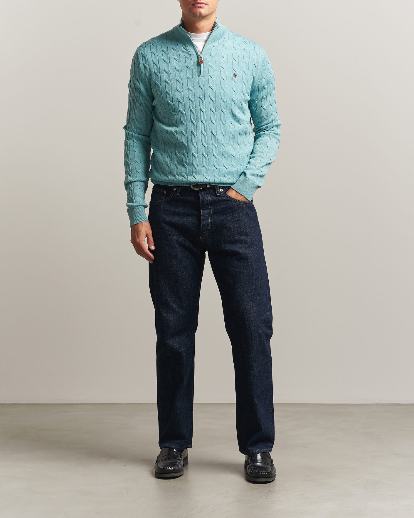 Herre | Trøjer | Morris | Merino Cable Half Zip Ocean Blue