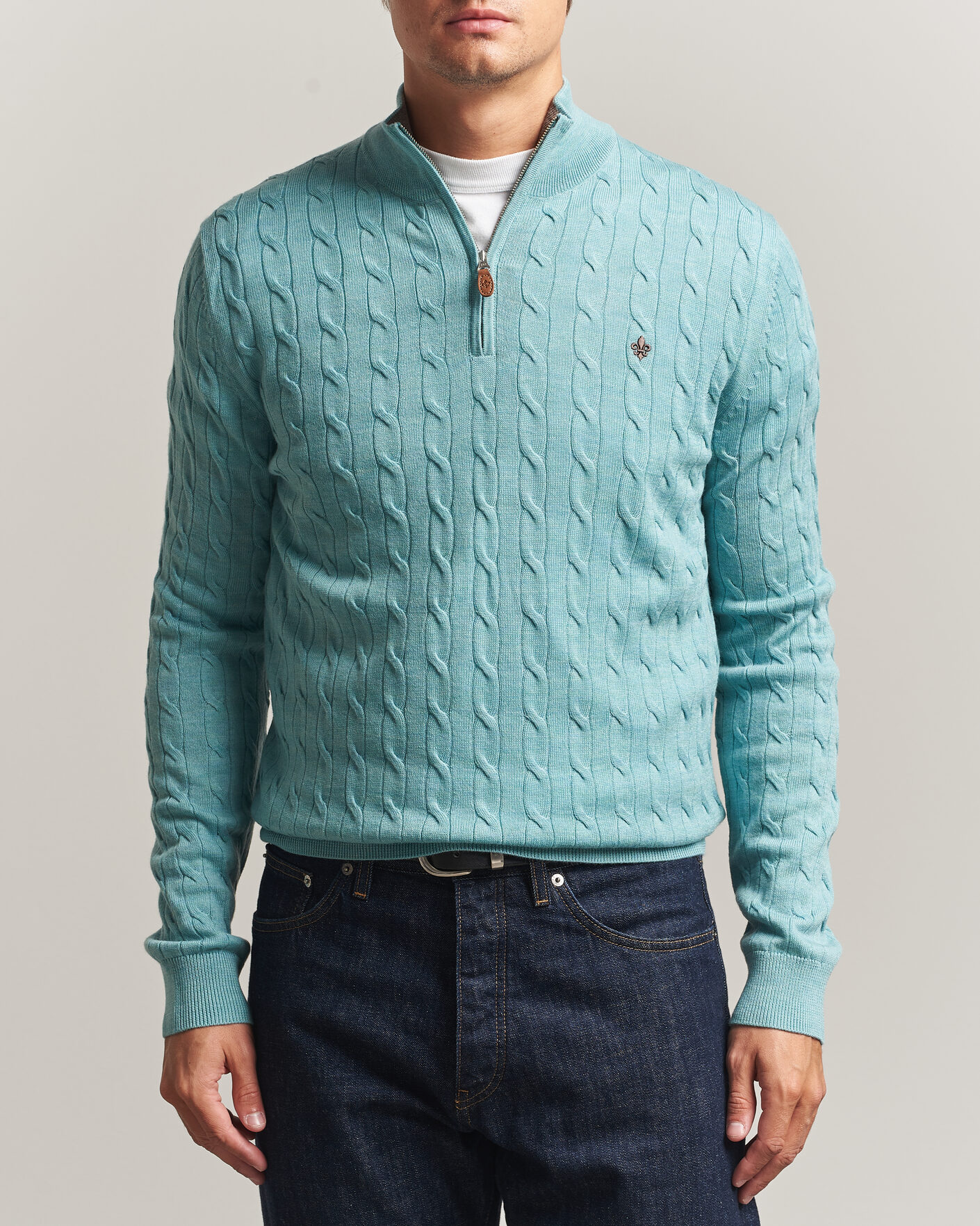 Herre | Trøjer | Morris | Merino Cable Half Zip Ocean Blue