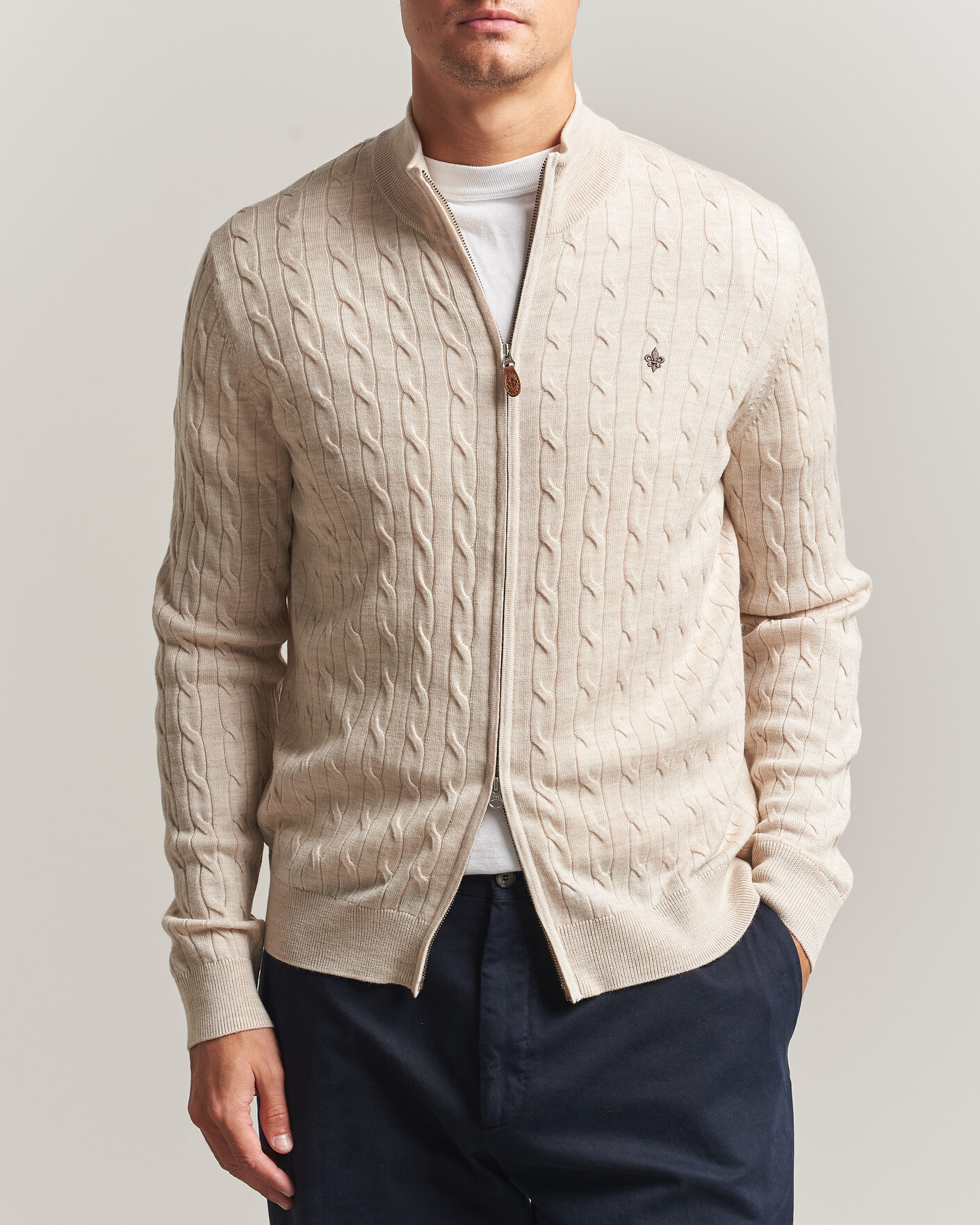 Herre | Trøjer | Morris | Merino Cable Zip Cardigan Off White