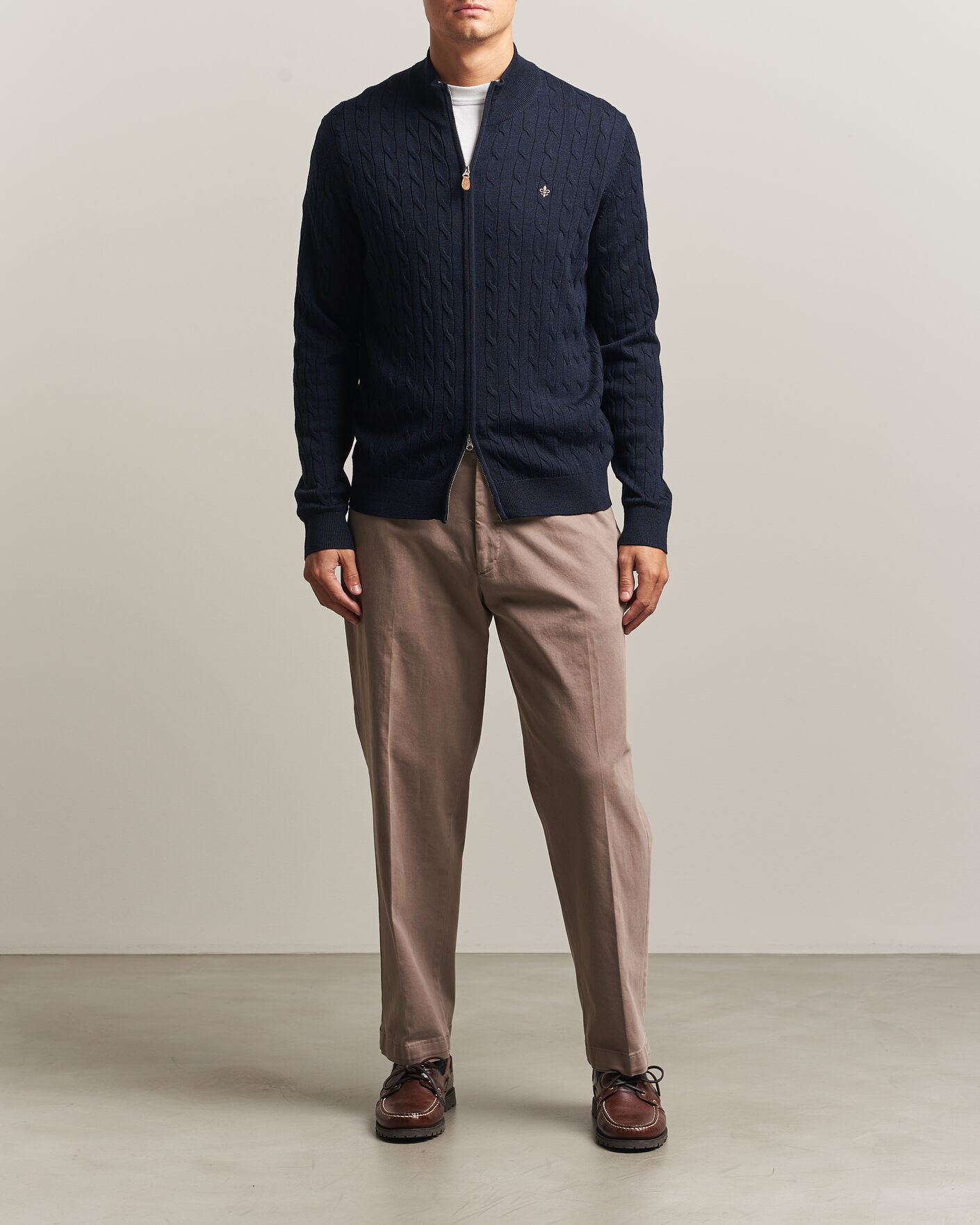Herre | Trøjer | Morris | Merino Cable Zip Cardigan Navy