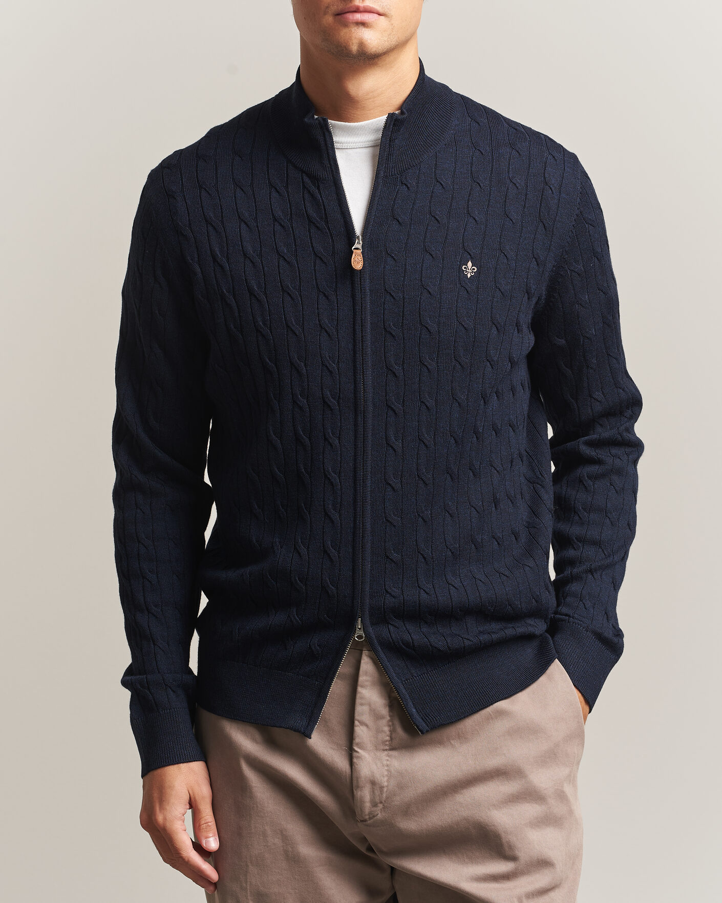 Herre | Trøjer | Morris | Merino Cable Zip Cardigan Navy