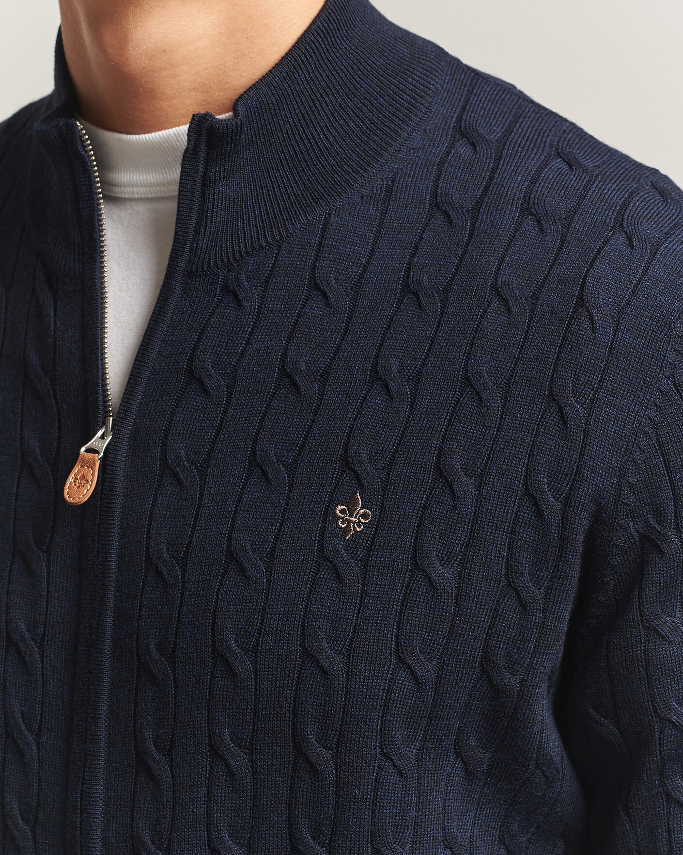 Herre | Trøjer | Morris | Merino Cable Zip Cardigan Navy