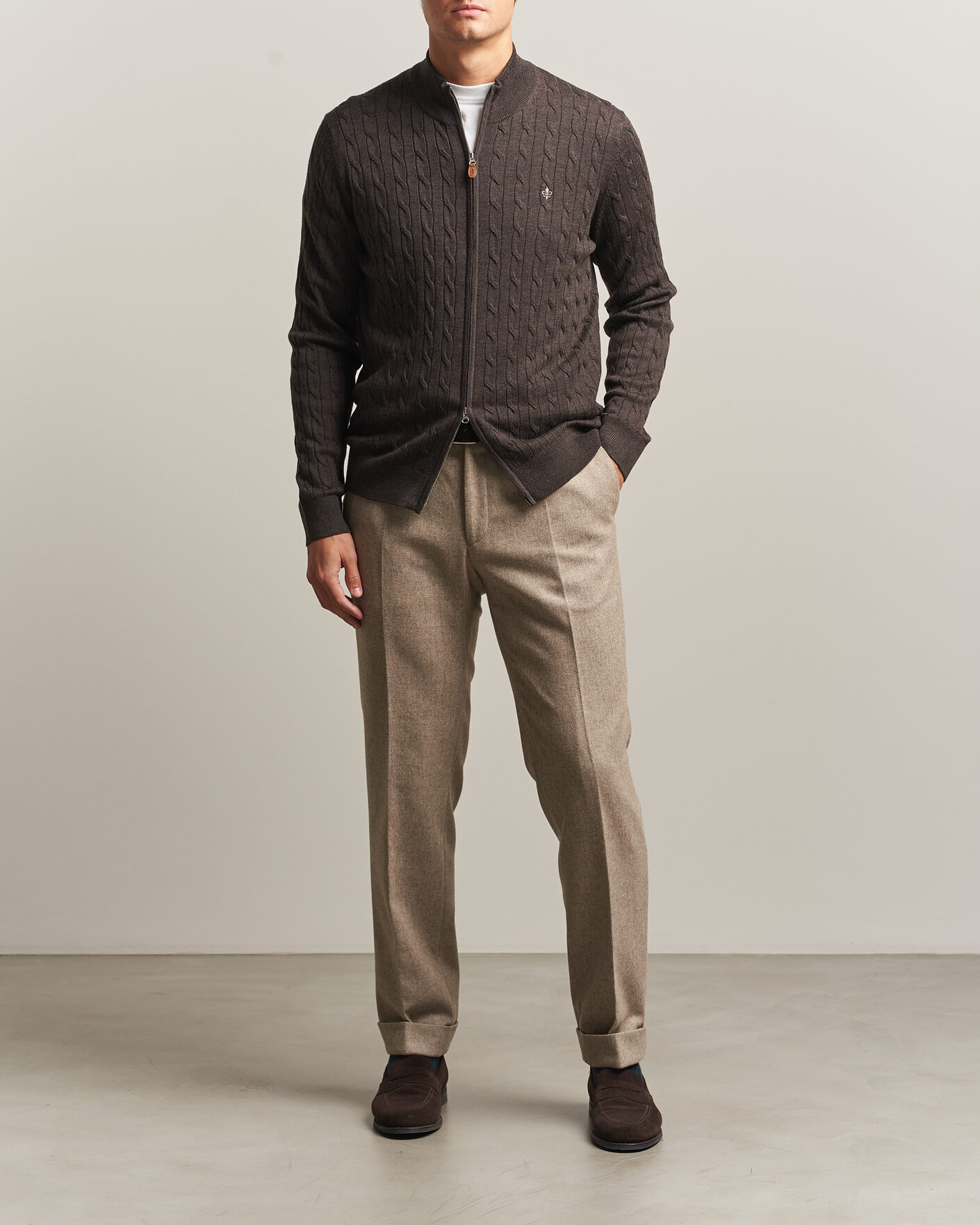 Herre | Trøjer | Morris | Merino Cable Zip Cardigan Brown