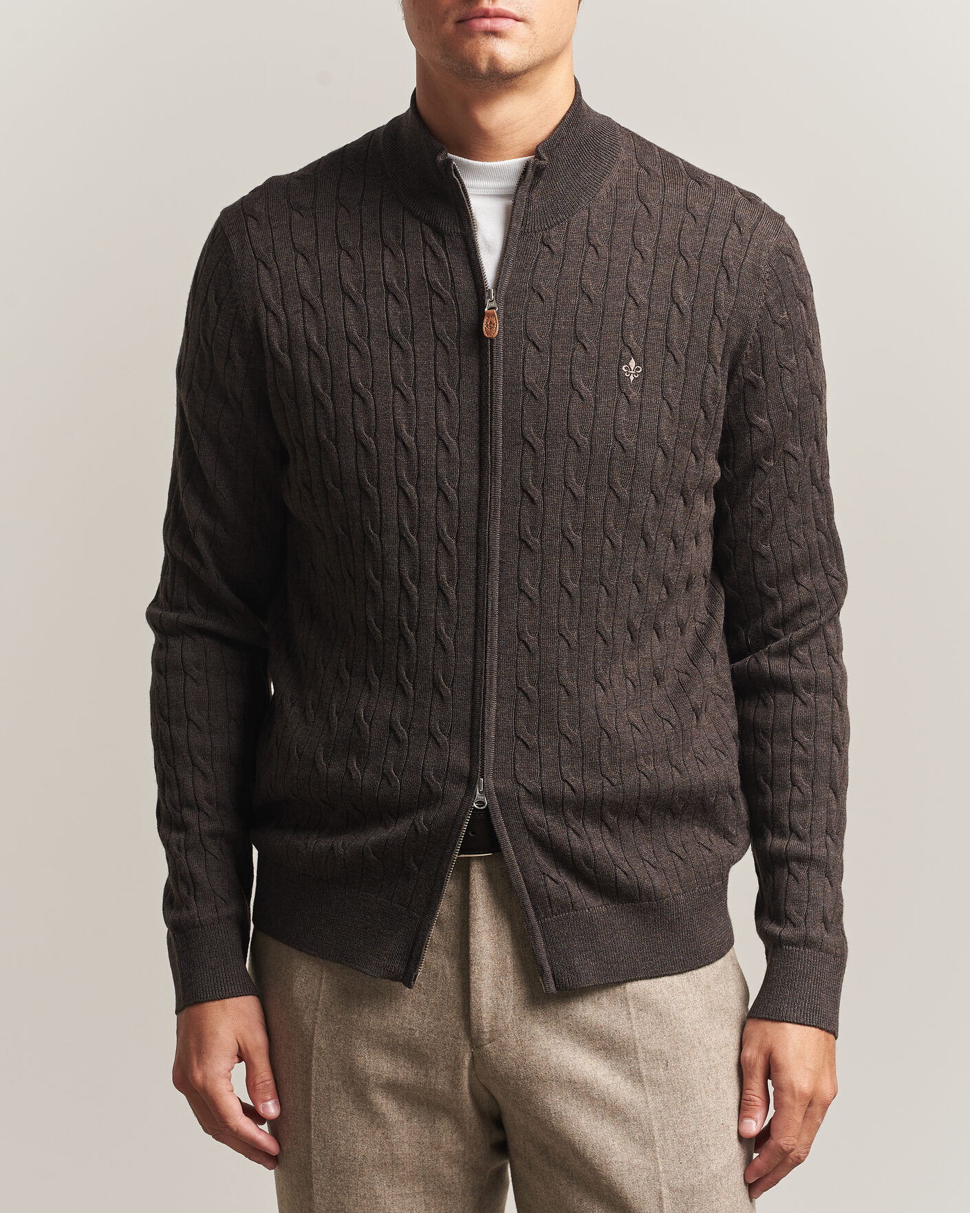 Herre | Trøjer | Morris | Merino Cable Zip Cardigan Brown