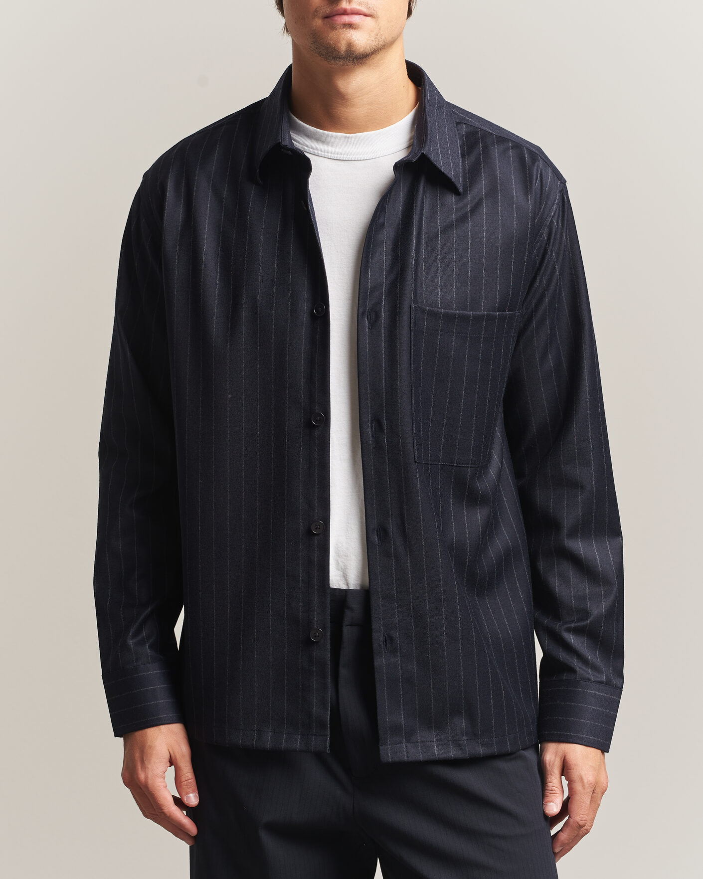 Herre | Skjorter | NN07 | Freddy Wool Pinstriped Overshirt Navy