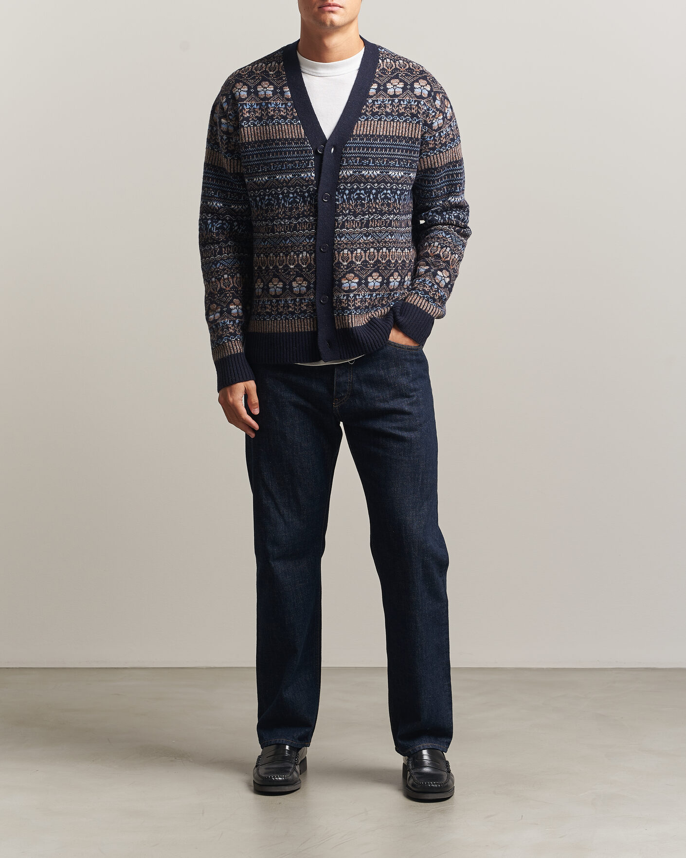 Herre | Trøjer | NN07 | Tobias Fairisle Wool Knitted Cardigan Navy Blue