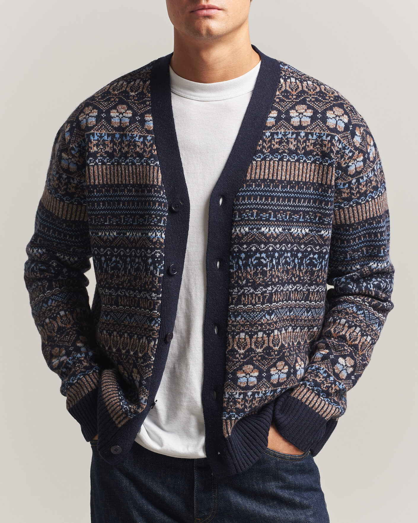 Herre | Trøjer | NN07 | Tobias Fairisle Wool Knitted Cardigan Navy Blue