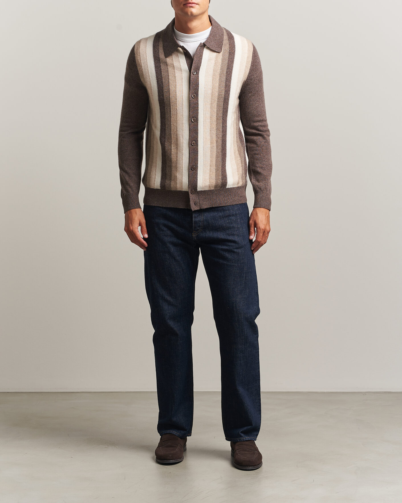 Herre | Trøjer | Stenströms | Cashmere Striped Polo Cardigan Brown