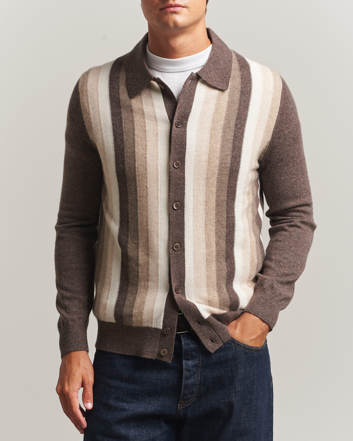 Herre | Trøjer | Stenströms | Cashmere Striped Polo Cardigan Brown